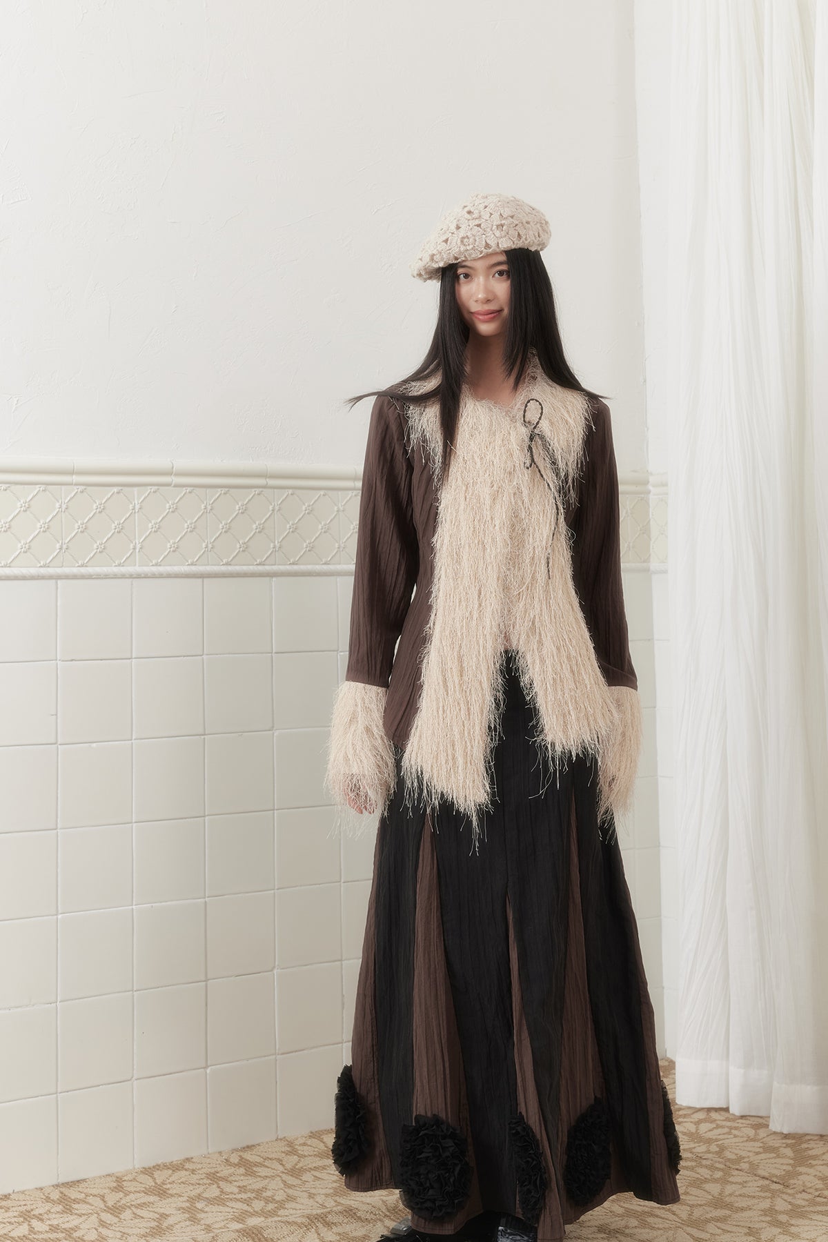 SENSELF Paneled Crinkled Rosette Maxi Skirt Brown