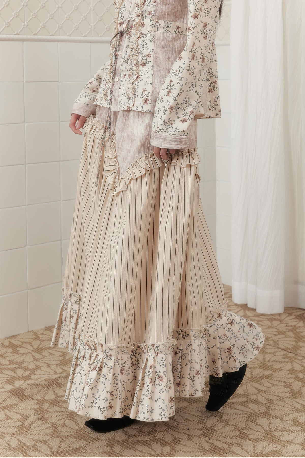 SENSELF Floral Striped Spliced Maxi Skirt