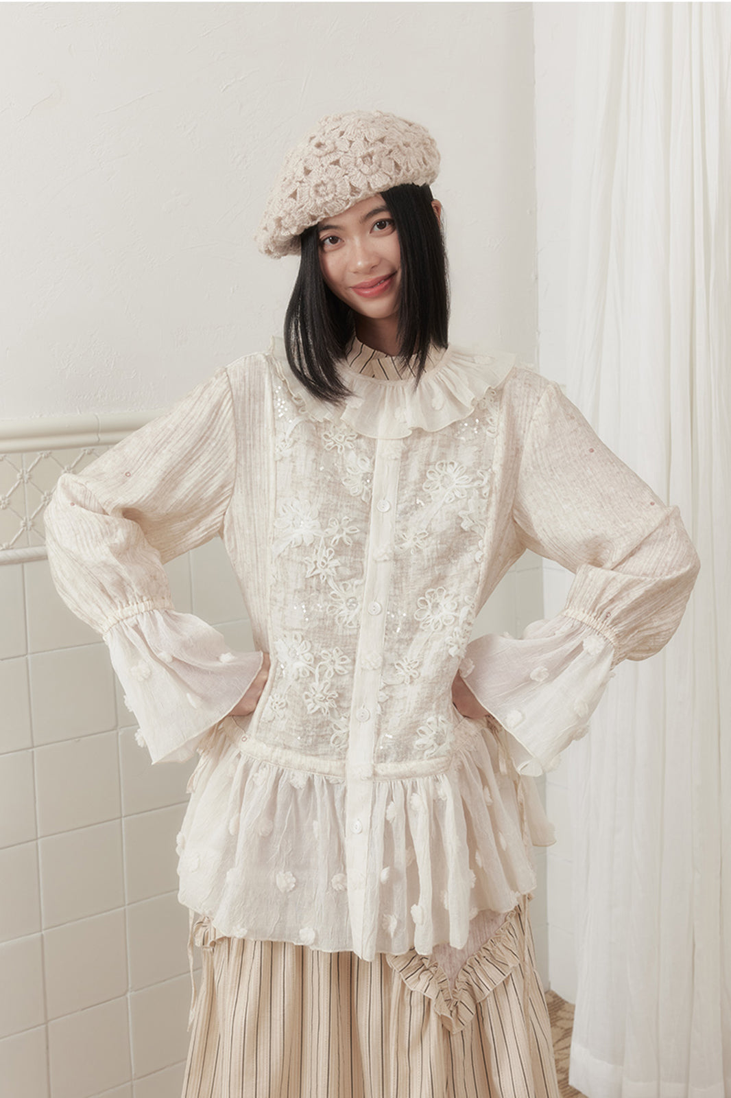 SENSELF Lace-Spliced Polka Dot Sequin Flared Shirt