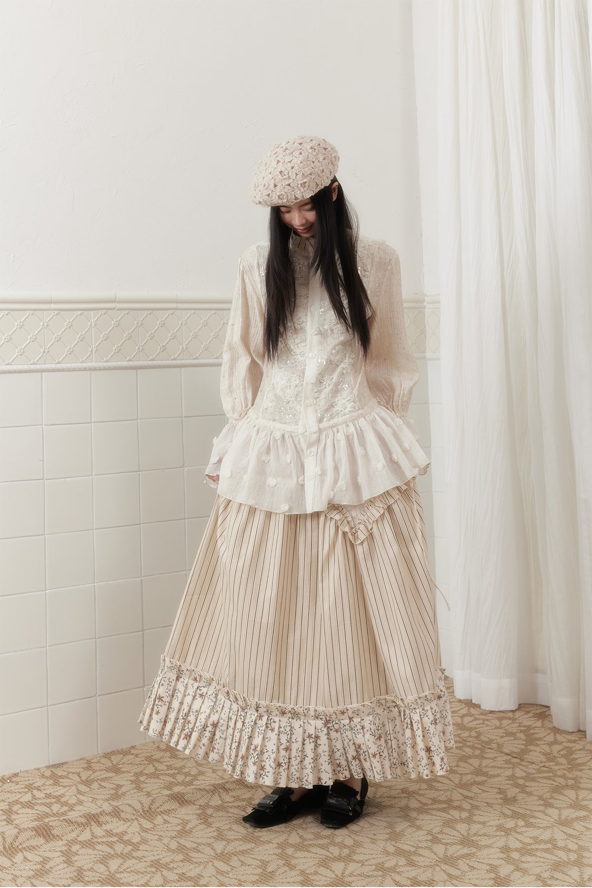 SENSELF Floral Striped Spliced Maxi Skirt