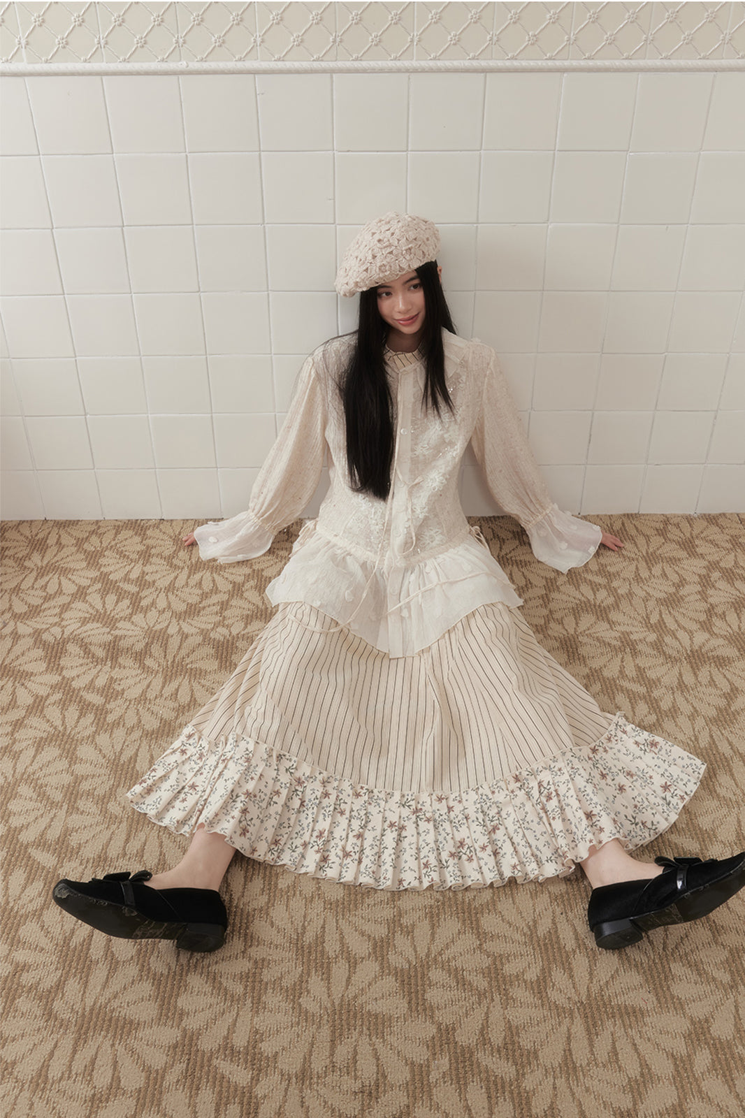 SENSELF Lace-Spliced Polka Dot Sequin Flared Shirt