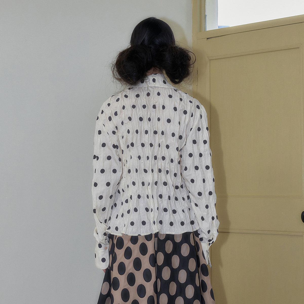 SENSELF Polka Dot Ruffle Trim High-Neck Shirt