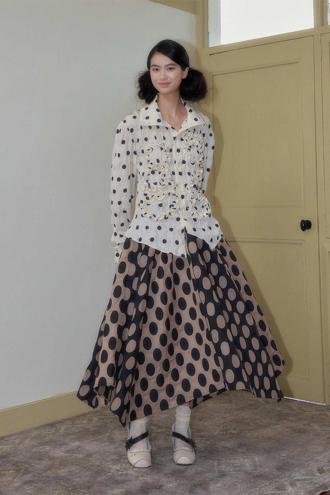 SENSELF Polka Dot Ruffle Trim High-Neck Shirt