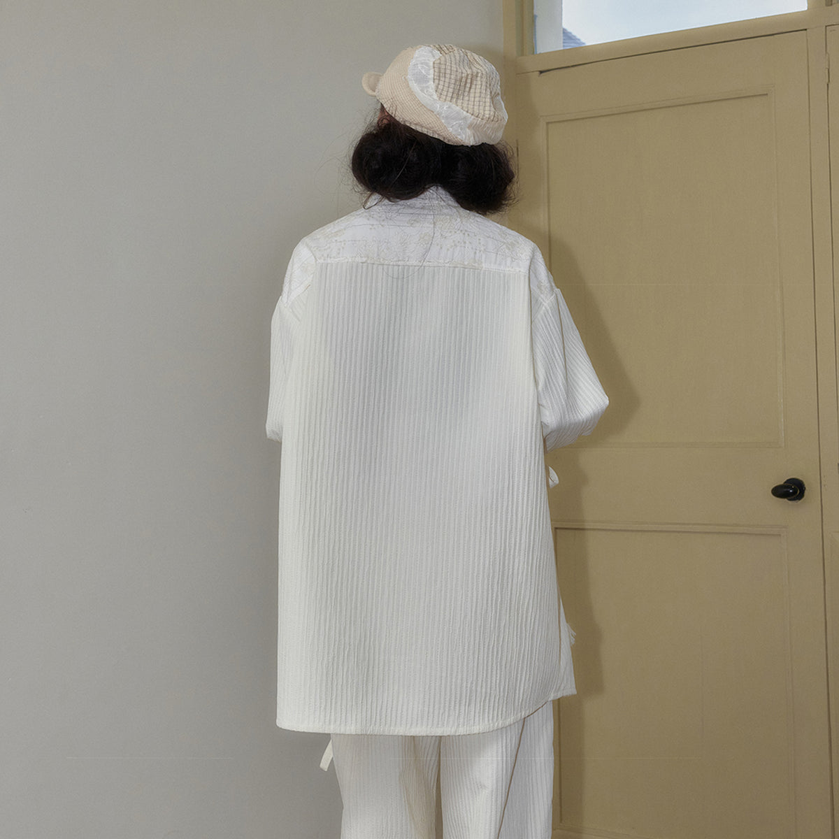 SENSELF Striped Detachable Bow-Tie Shirt