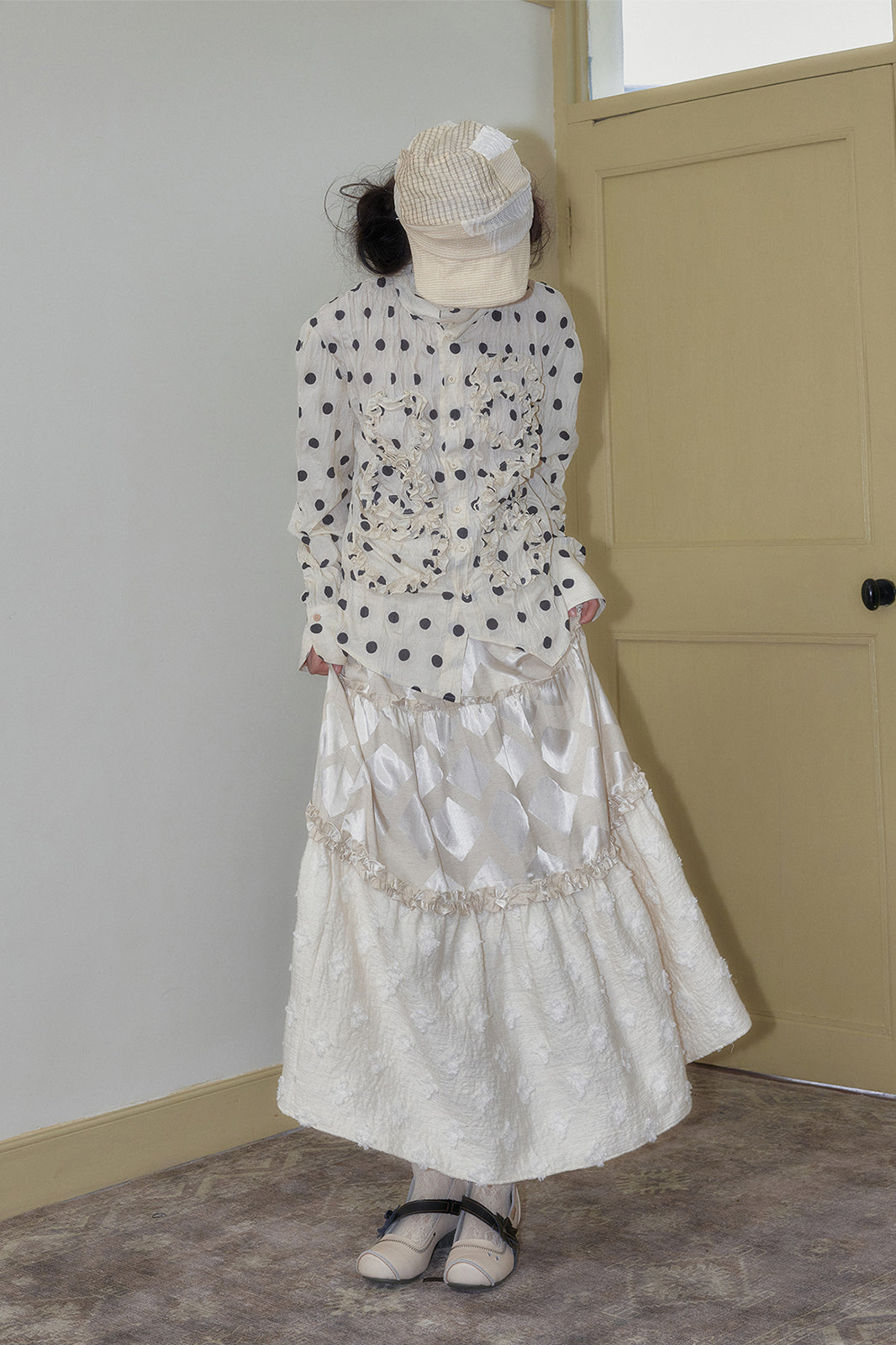 SENSELF Polka Dot Ruffle Trim High-Neck Shirt