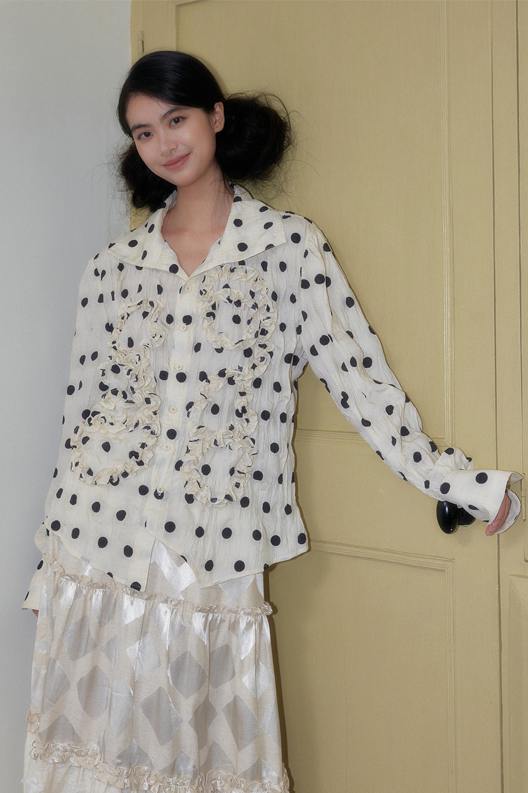 SENSELF Polka Dot Ruffle Trim High-Neck Shirt