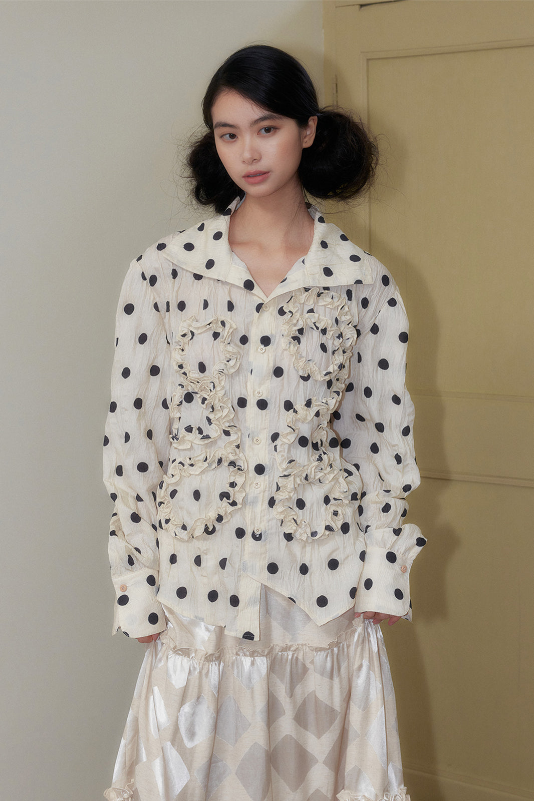 SENSELF Polka Dot Ruffle Trim High-Neck Shirt