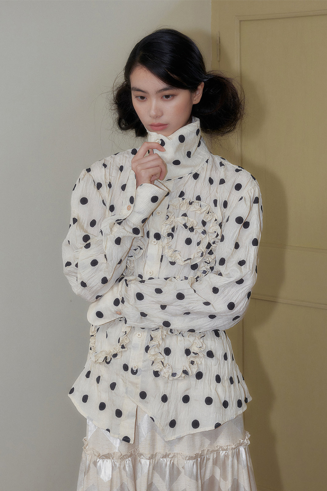 SENSELF Polka Dot Ruffle Trim High-Neck Shirt