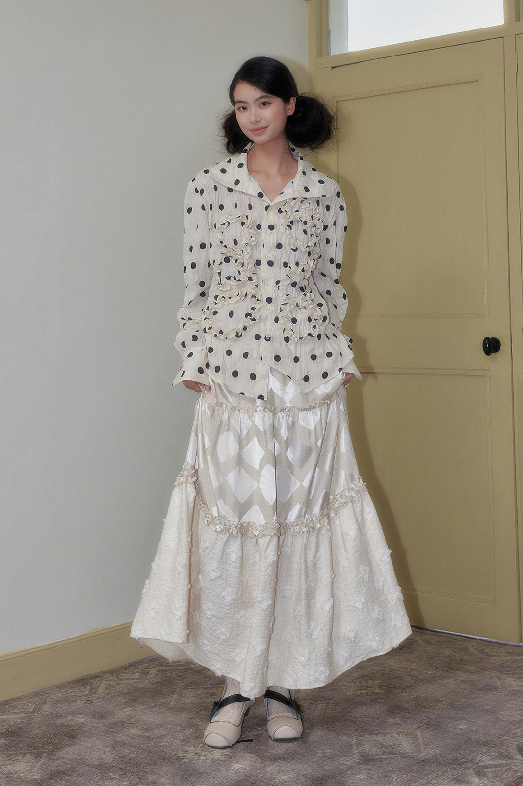 SENSELF Polka Dot Ruffle Trim High-Neck Shirt