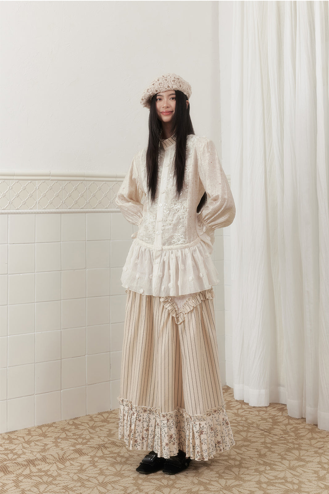 SENSELF Lace-Spliced Polka Dot Sequin Flared Shirt