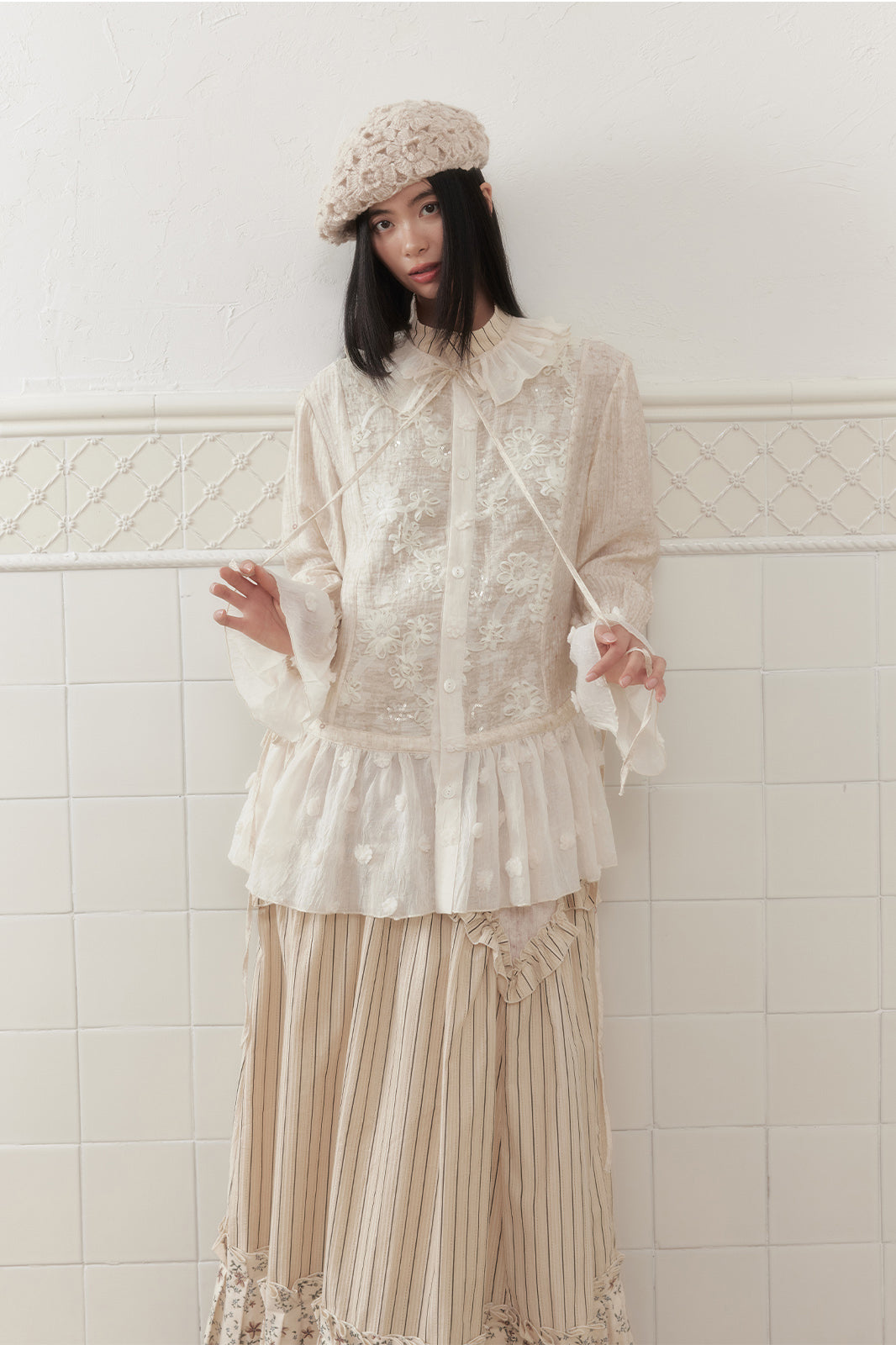 SENSELF Lace-Spliced Polka Dot Sequin Flared Shirt