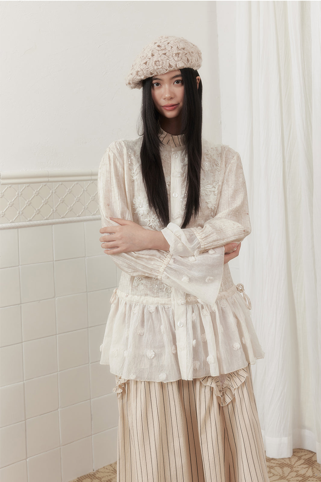 SENSELF Lace-Spliced Polka Dot Sequin Flared Shirt