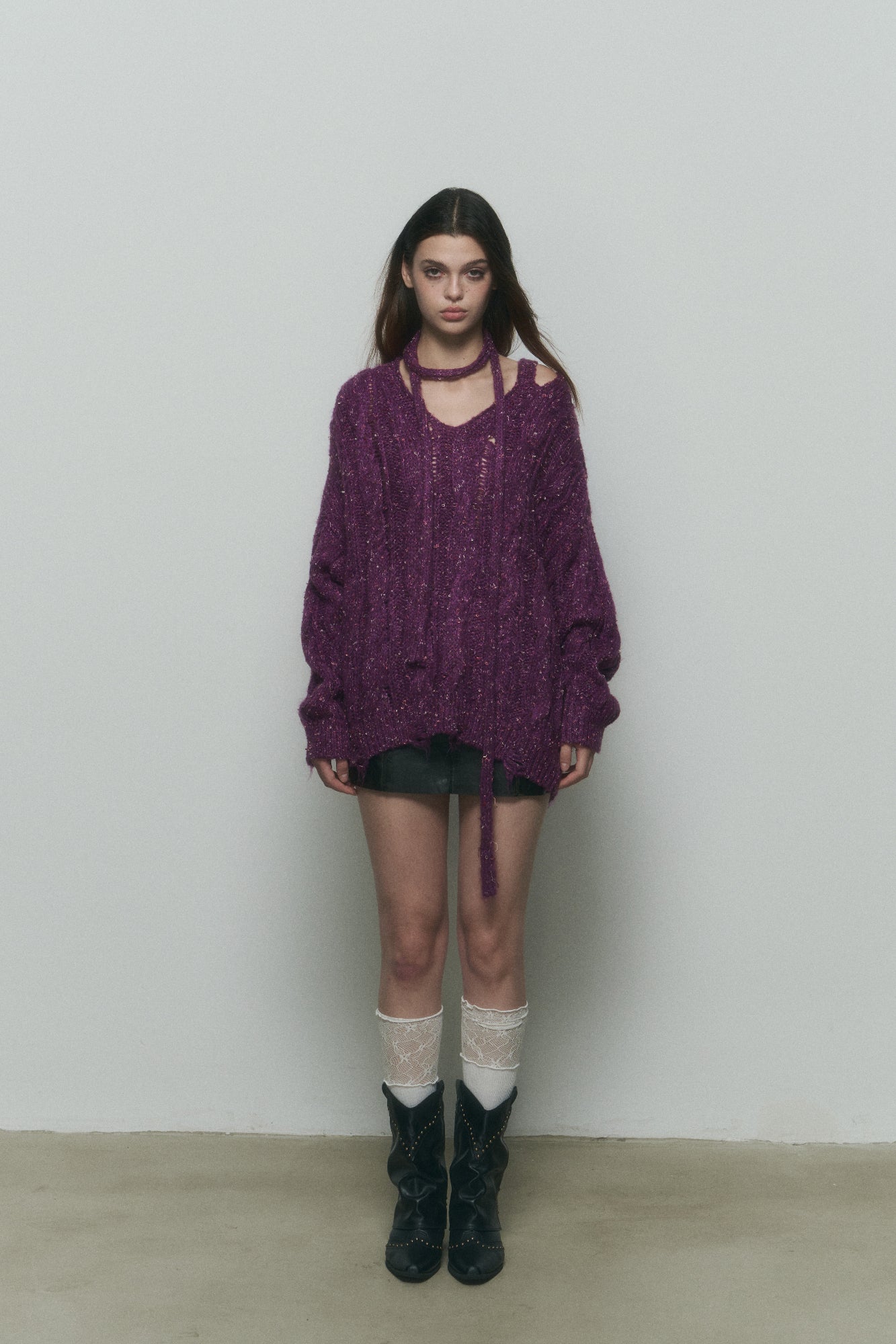 10AMSOTIIIIIIRED Distressed Sequin Open-Knit Sweater
