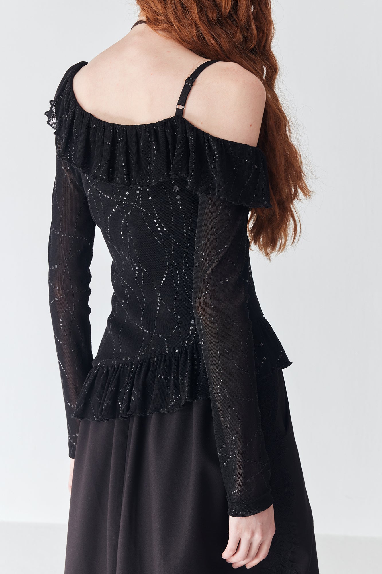 JIUWU PARK Off-Shoulder Ruffle-Hem Mesh Long-Sleeve Tee