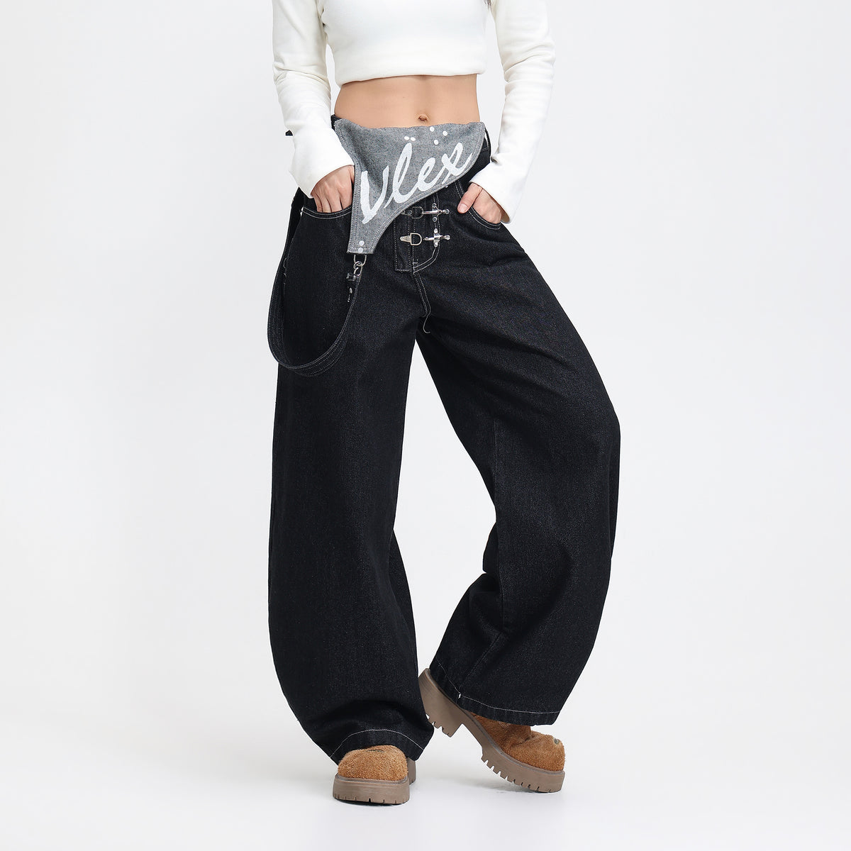 FREE CENTER Detachable Strap High-Waist Baggy Jeans