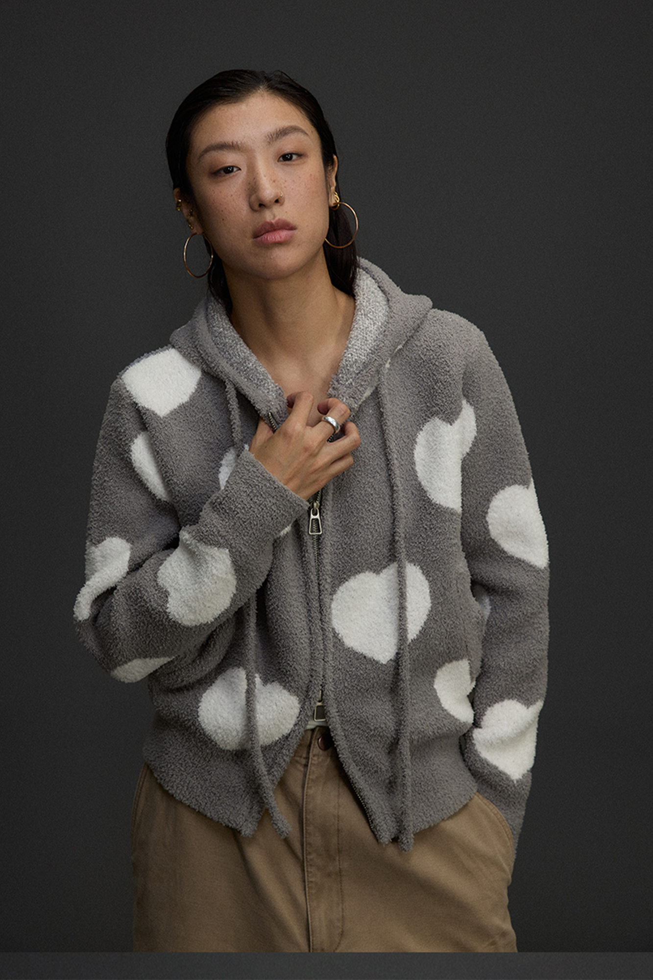 NIANJIUYIKOUER Fuzzy Heart Jacquard Zip-Up Hoodie Cardigan, premium urban and streetwear designers apparel on PROJECTISR.com, NIANJIUYIKOUER