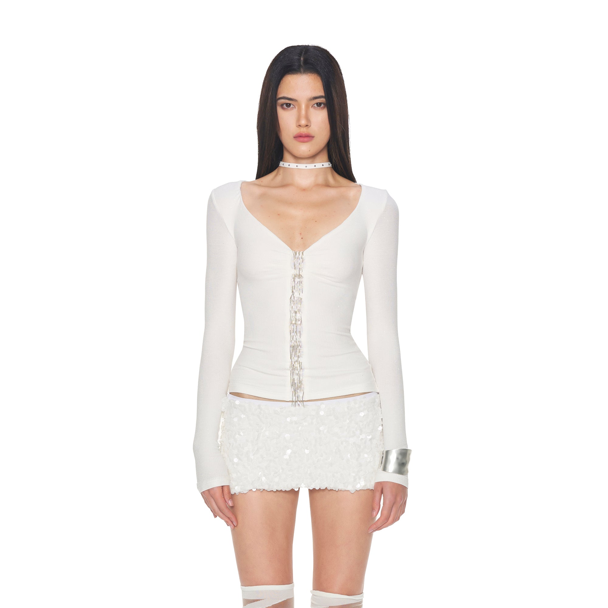 NEVER OFFEND L ANGEL Sparkle Fringe V-Neck Long-Sleeve Top