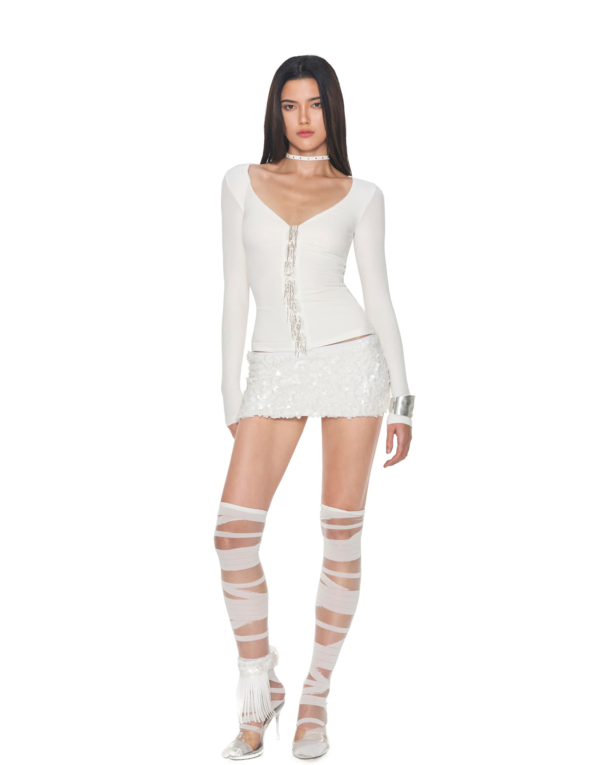 NEVER OFFEND L ANGEL Sparkle Fringe V-Neck Long-Sleeve Top