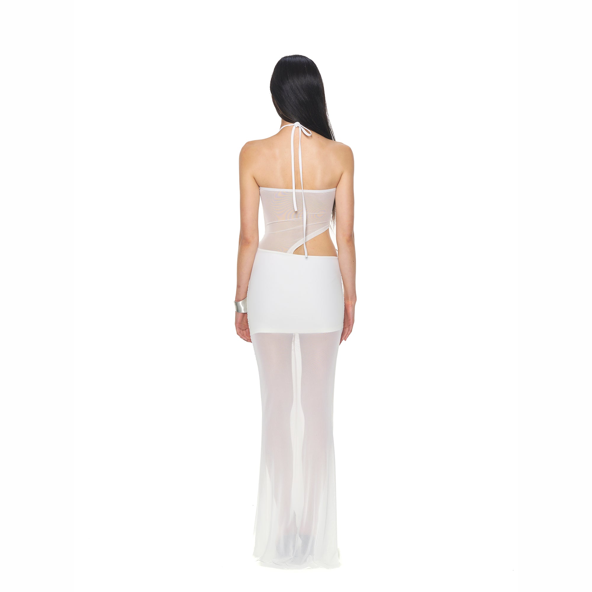 NEVER OFFEND L Angel Deconstructed Cutout Halter Sheer Maxi Dress
