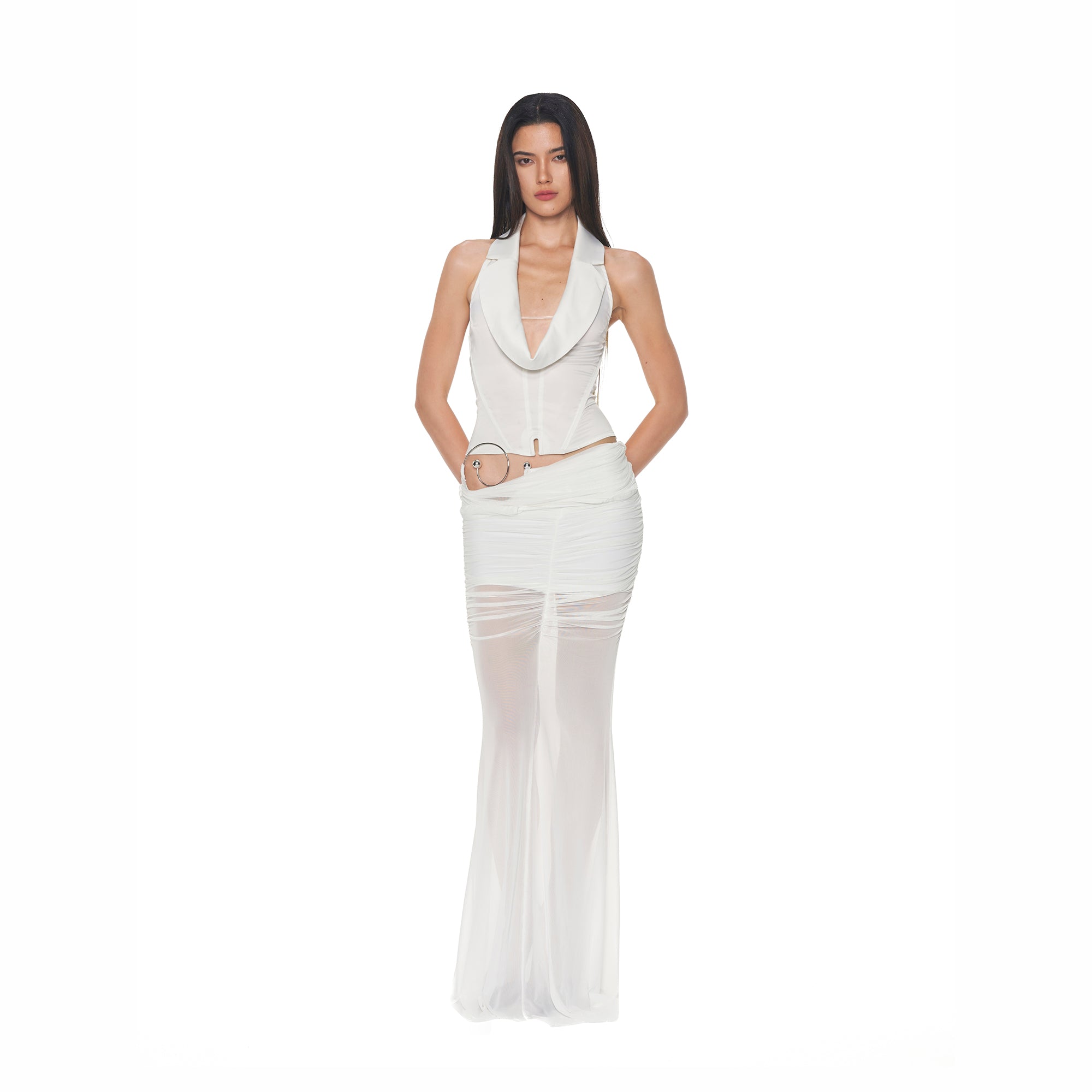 NEVER OFFEND L Angel Deconstructed Cutout Halter Sheer Maxi Dress