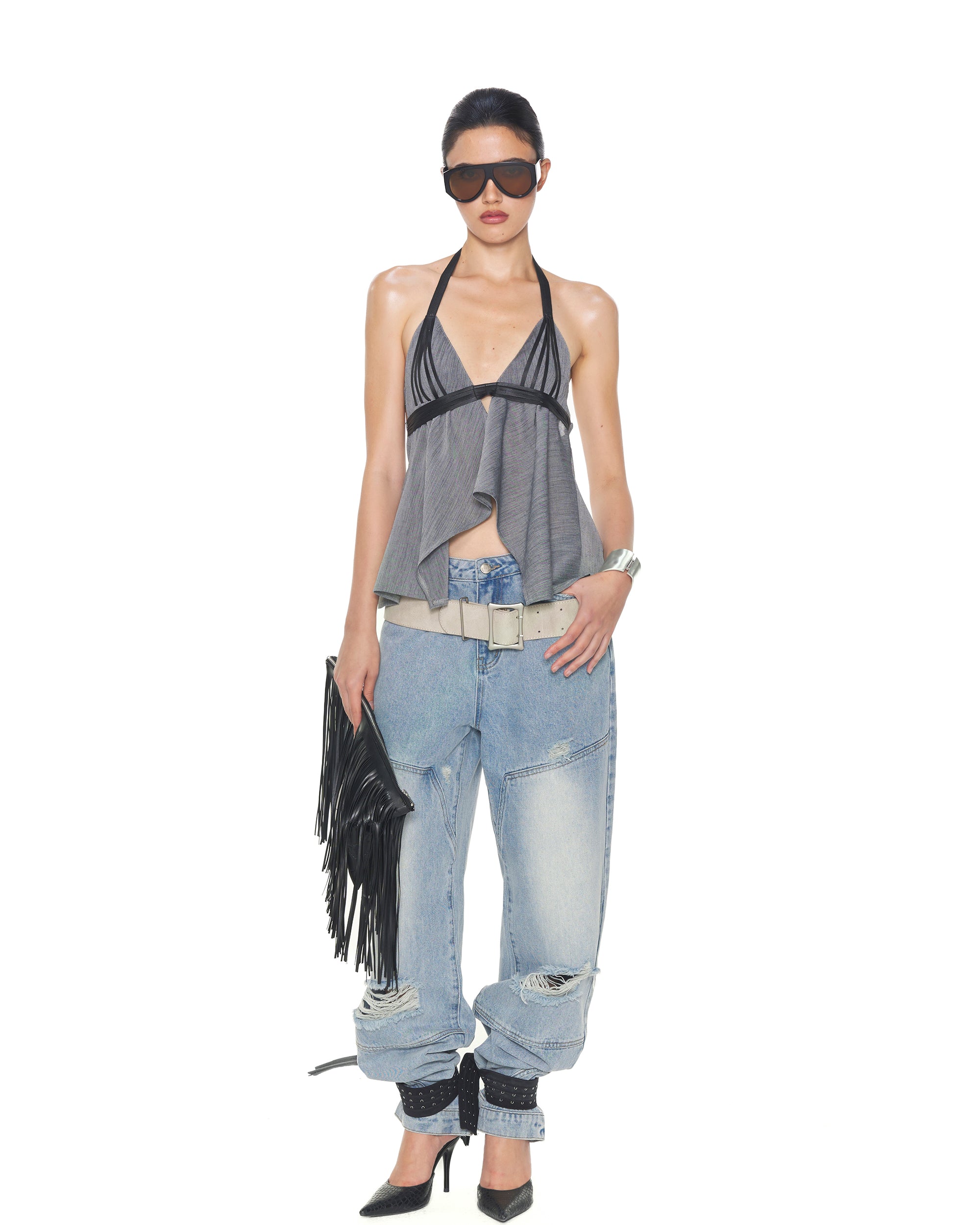 NEVER OFFEND L ANGEL V-Neck Tie-Back Halter Cami Top