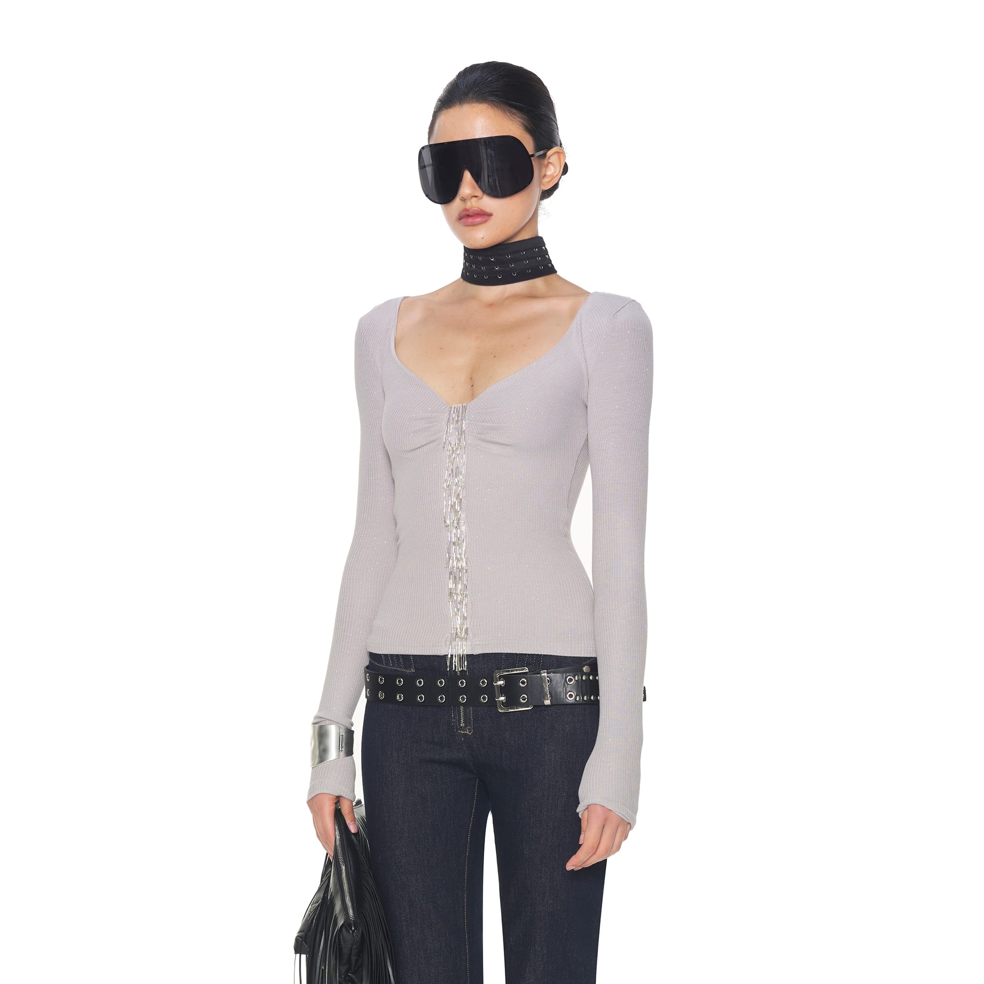 NEVER OFFEND L ANGEL Sparkle Fringe V-Neck Long-Sleeve Top