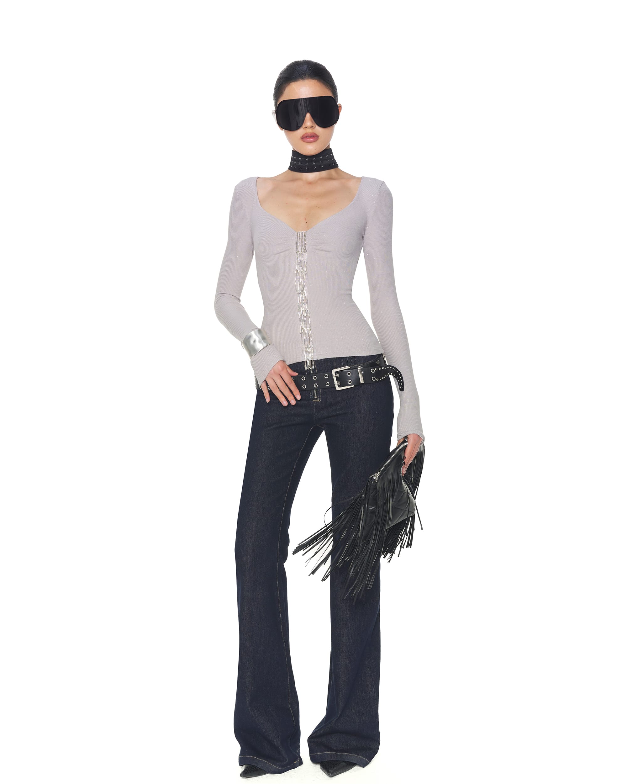 NEVER OFFEND L ANGEL Sparkle Fringe V-Neck Long-Sleeve Top