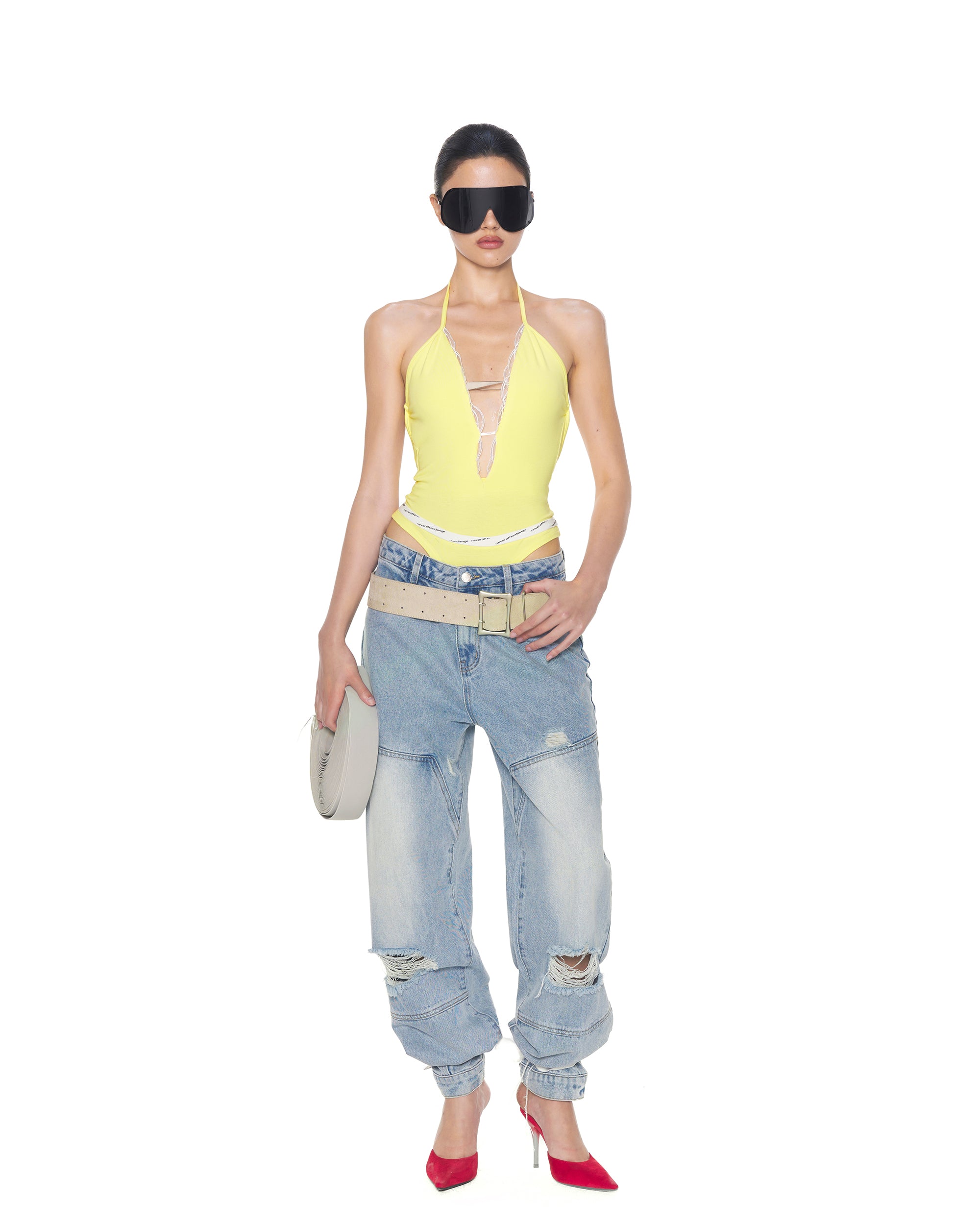 NEVER OFFEND L ANGEL Deep-V Mesh-Insert Halter Bodysuit