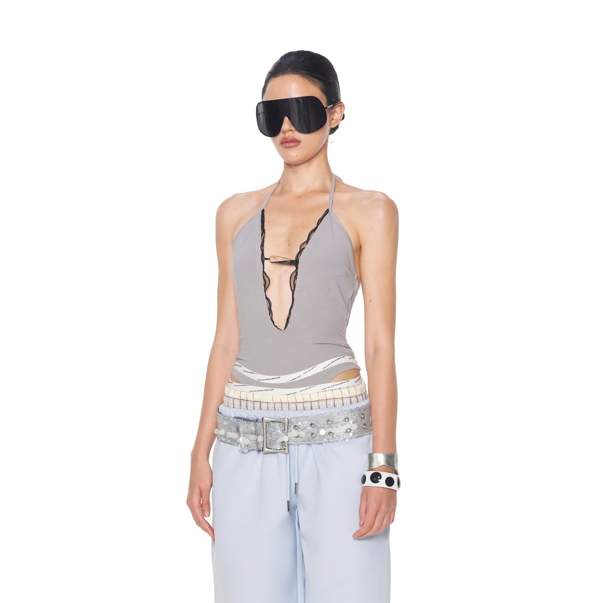NEVER OFFEND L ANGEL Deep-V Mesh-Insert Halter Bodysuit