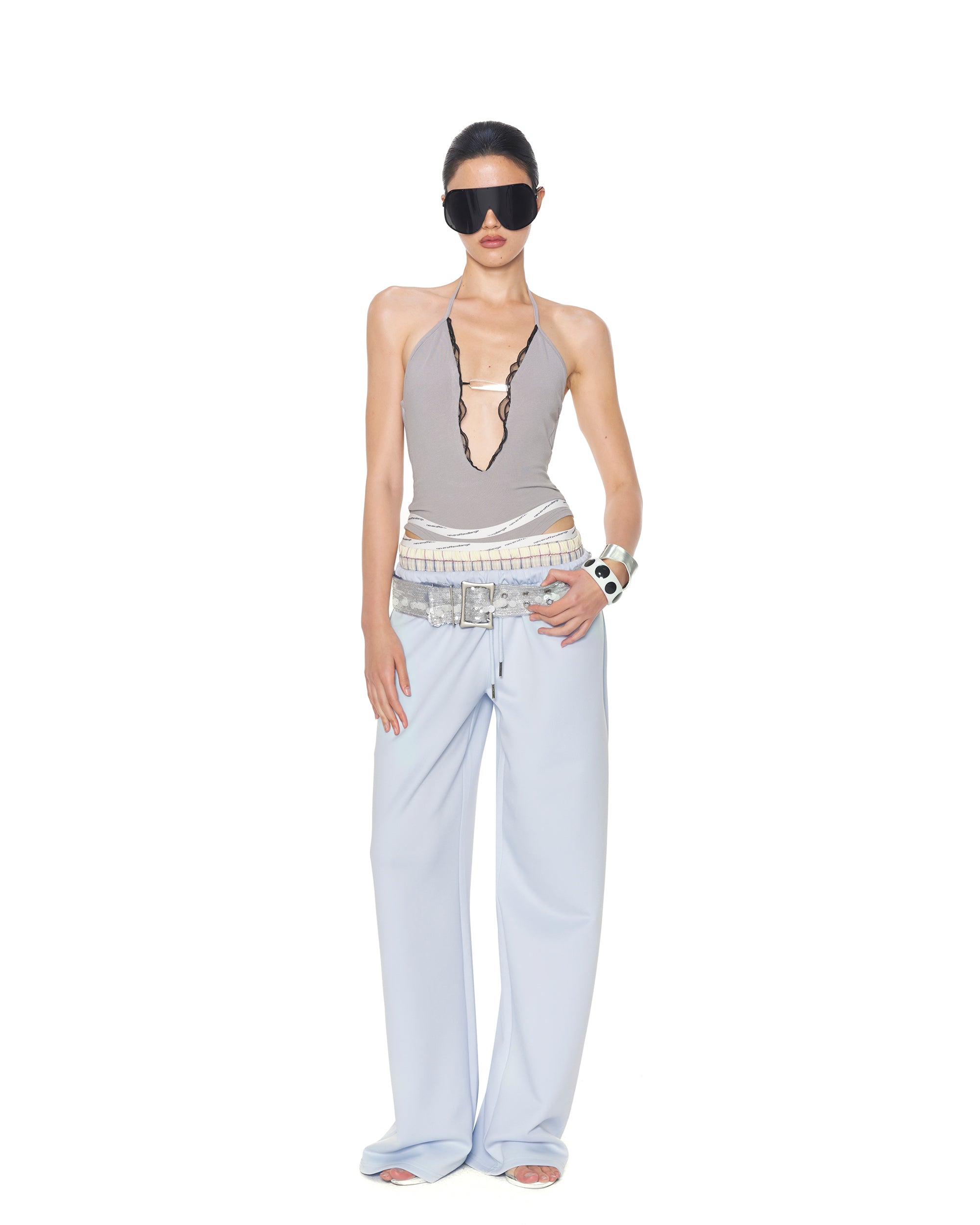 NEVER OFFEND L ANGEL Deep-V Mesh-Insert Halter Bodysuit