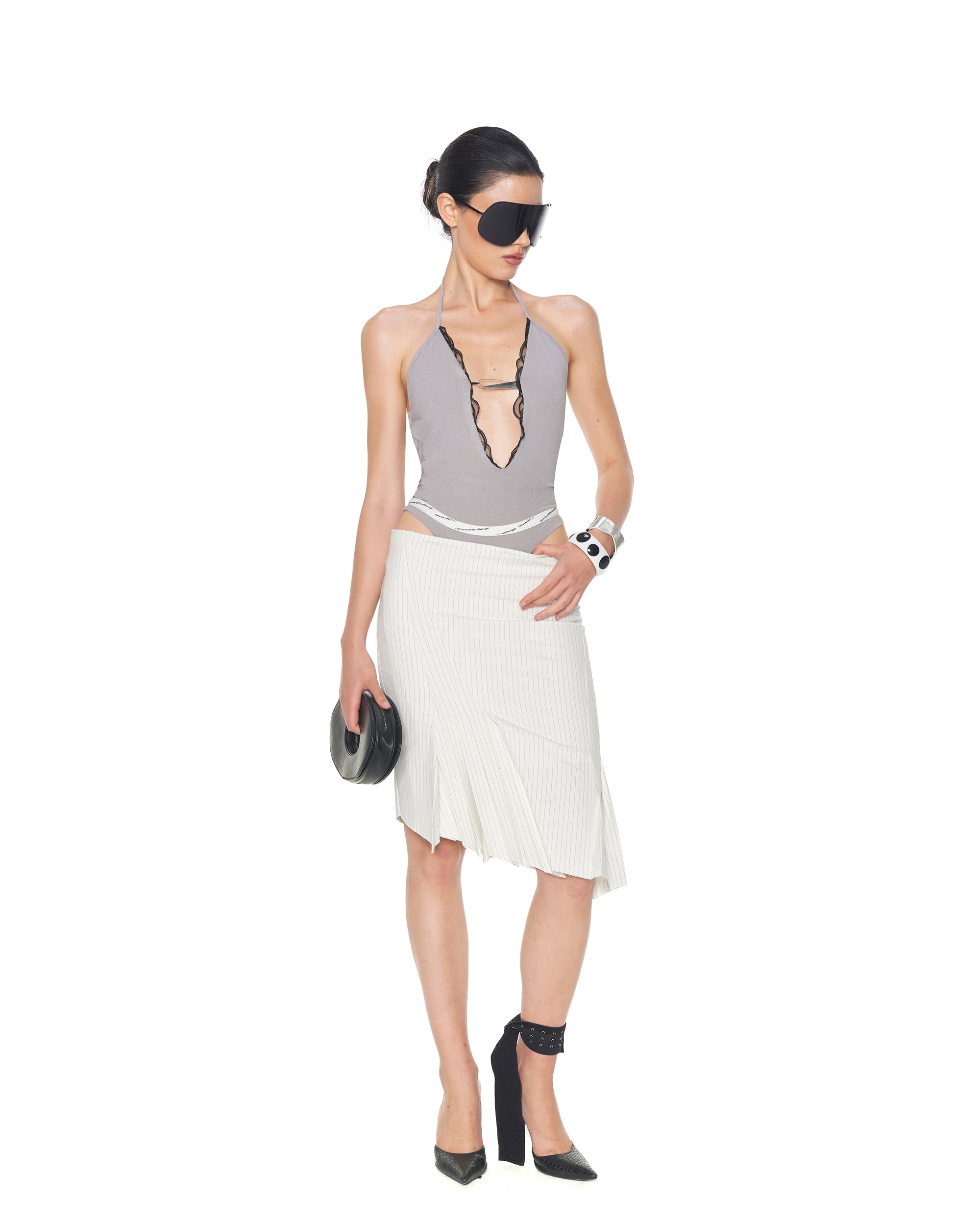 NEVER OFFEND L ANGEL Deep-V Mesh-Insert Halter Bodysuit
