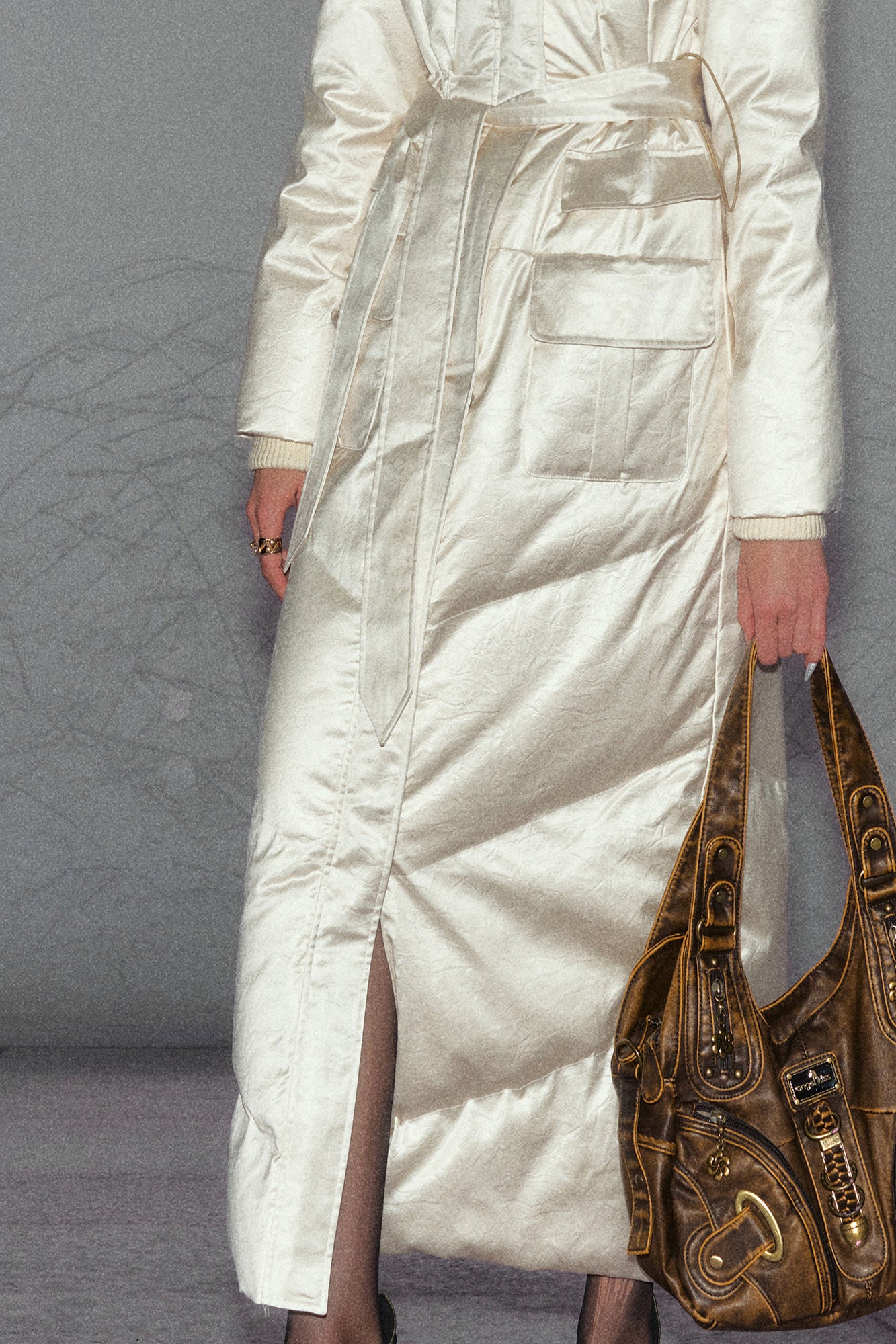 THE NEVERMORE Belted Quilted Shiny Longline Puffer Coat