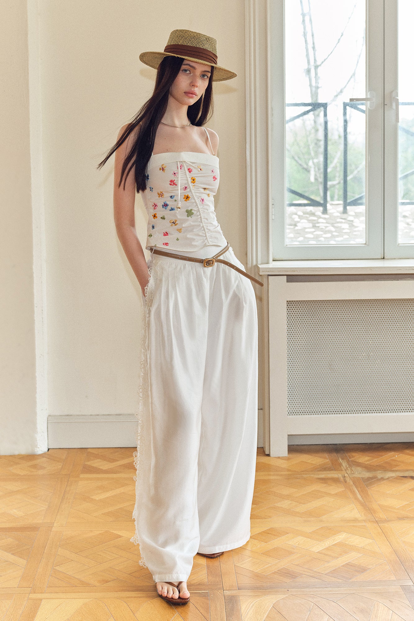 THE NEVERMORE Floral Embroidered Ruched Cami Top
