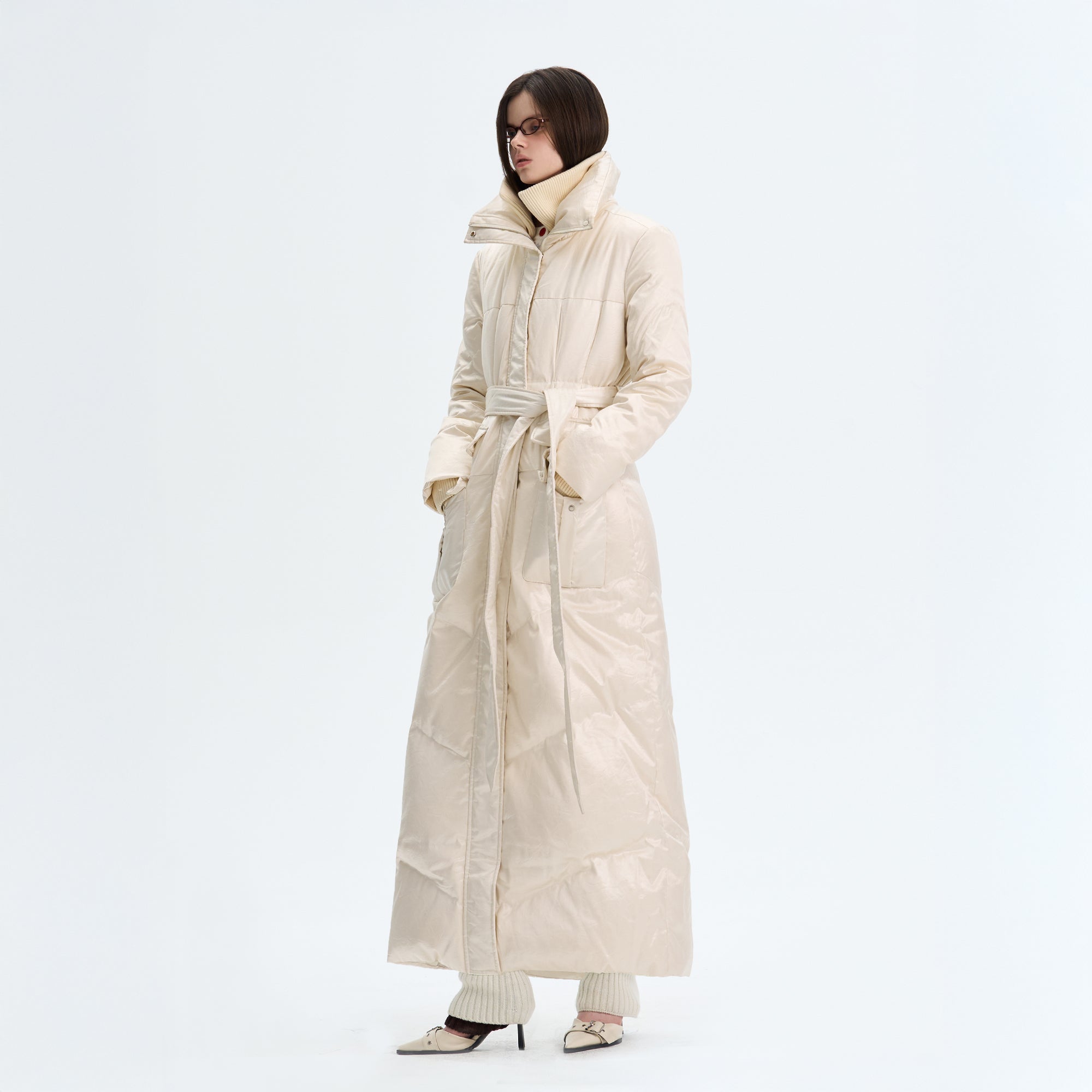 THE NEVERMORE Belted Quilted Shiny Longline Puffer Coat