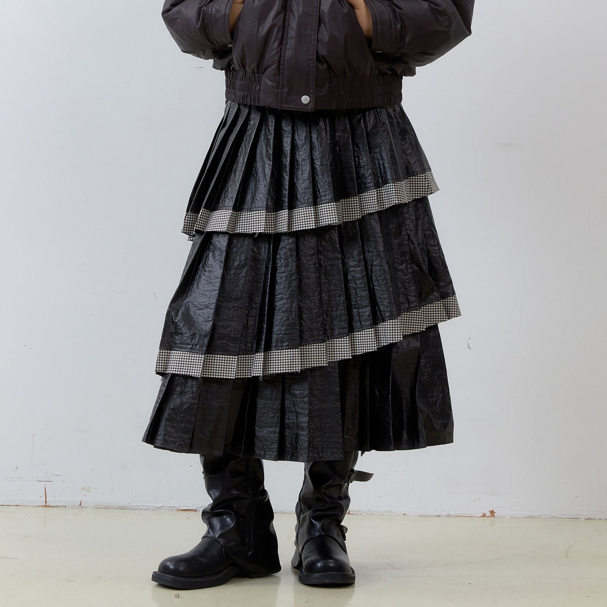 NOESE Faux Leather Pleated Layered Cake Skirt