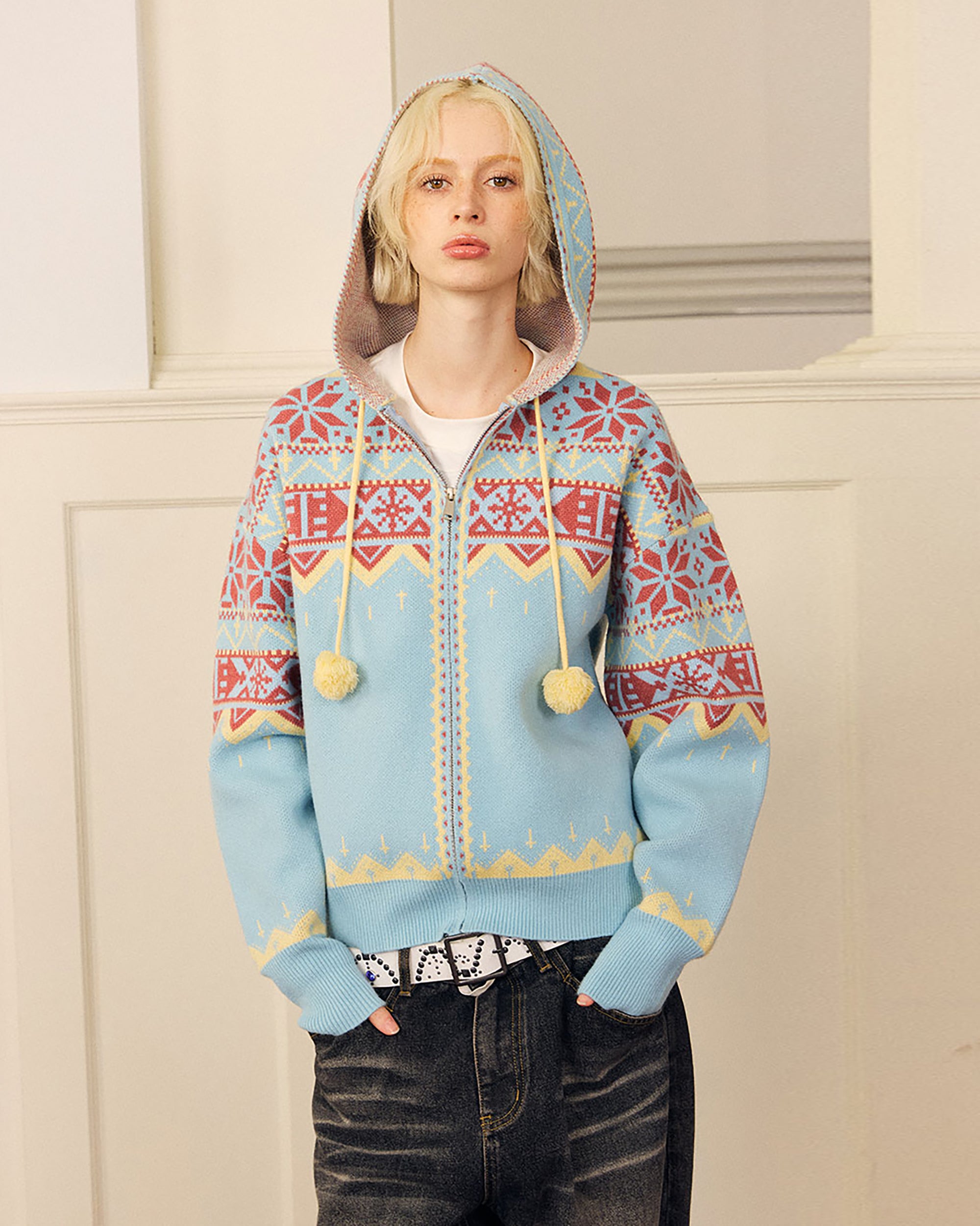DONSMOKE Retro Fair Isle Pom Zip-Up Hoodie