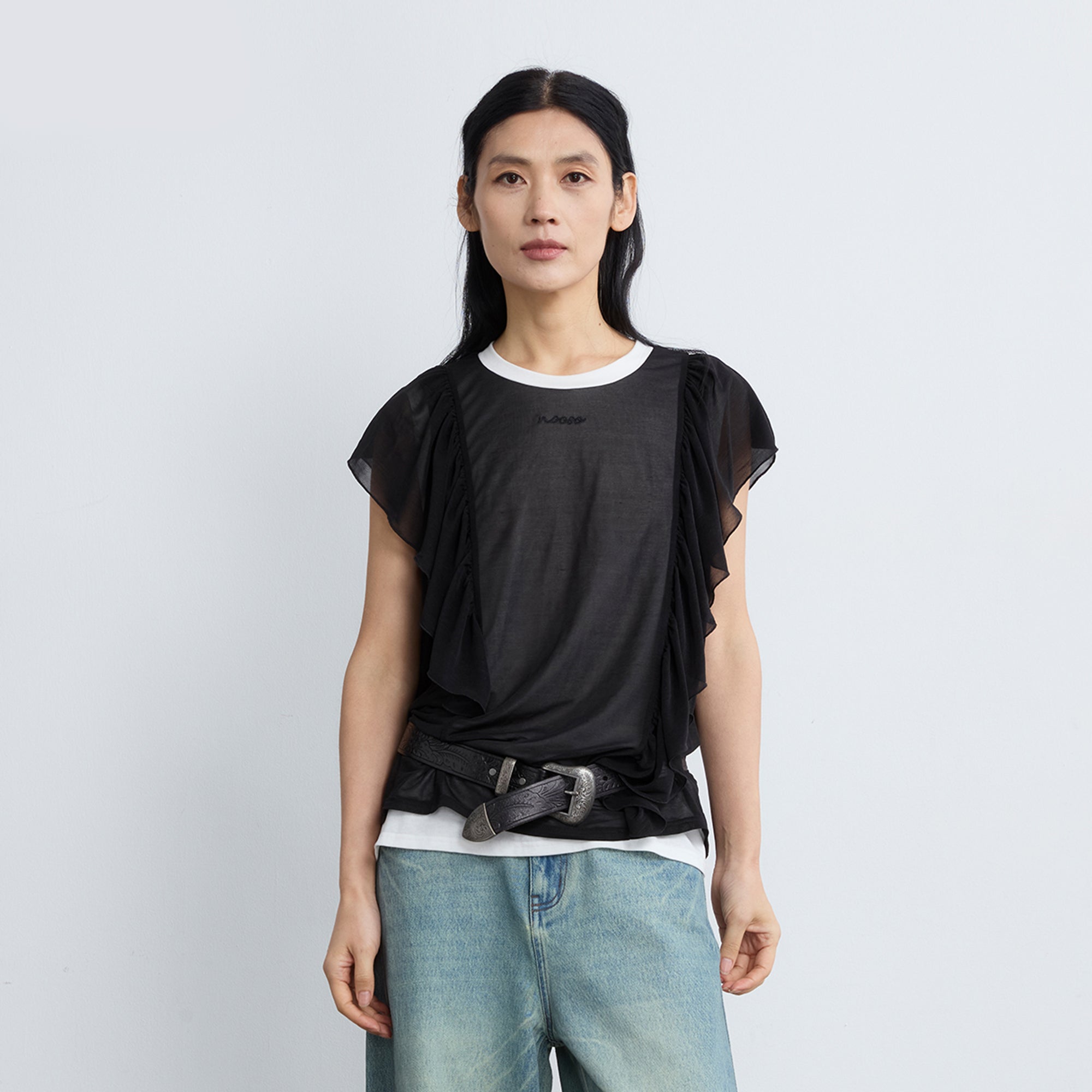 NOESE Sheer Ruffle Layered T-Shirt