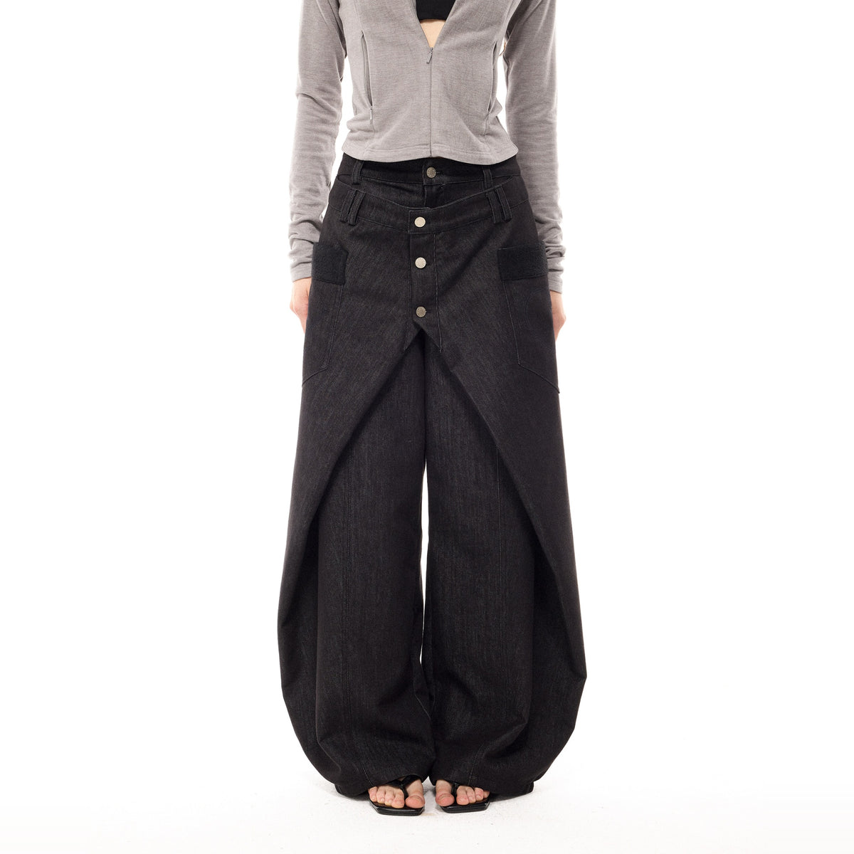 COSTUSTOOT Deconstructed Faux Two-Piece Curved Wide-Leg Black Jeans — square · front