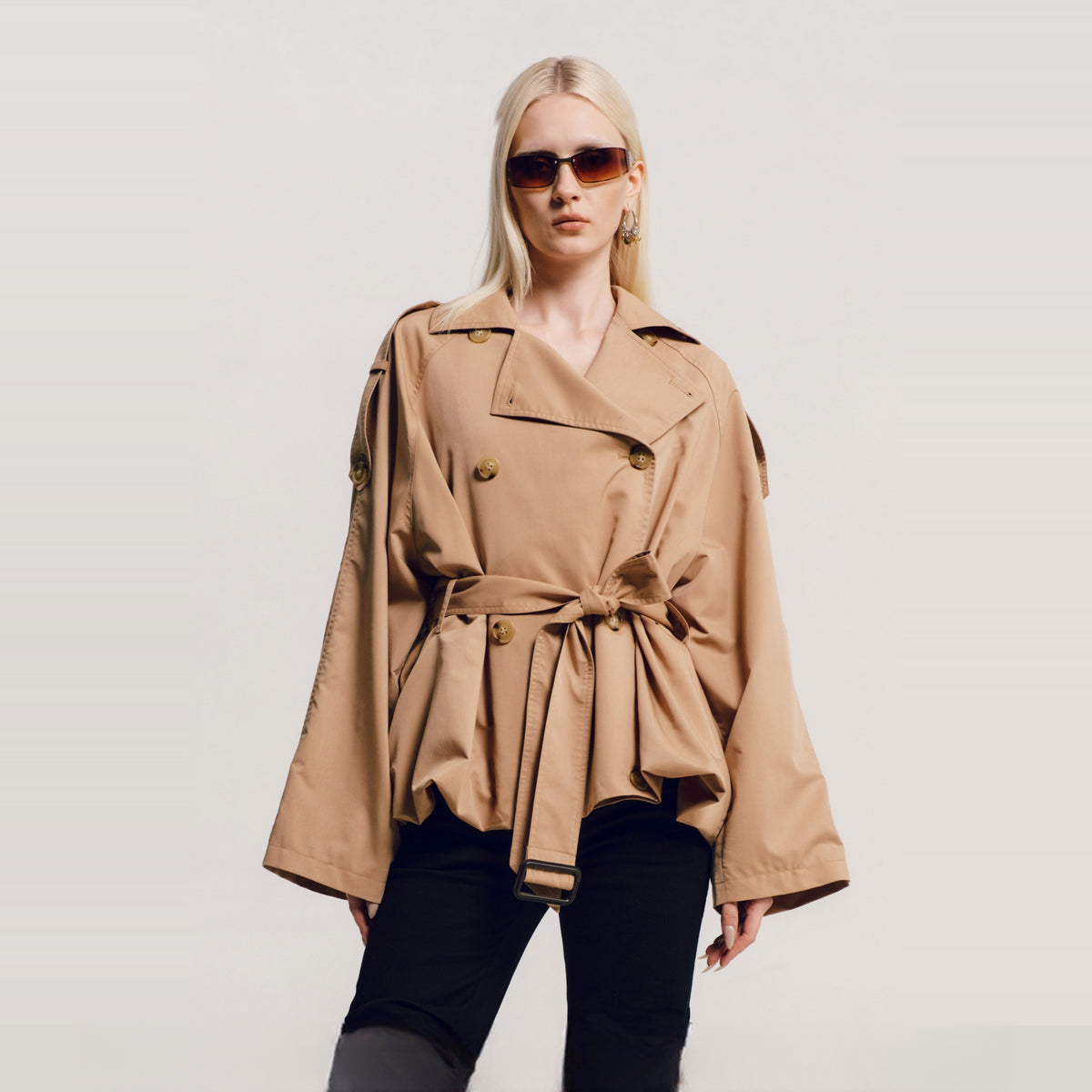 AWOKENTIME Double-Breasted Acetate Drop-Shoulder Trench Coat — square · front