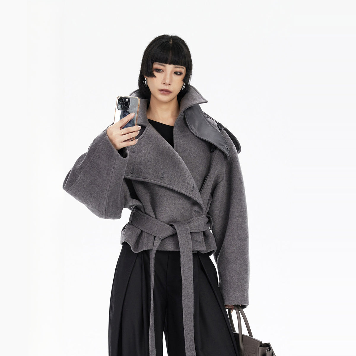TINY IN STUDIO Asymmetrical Placket Cropped Wool-Blend Coat — square · front