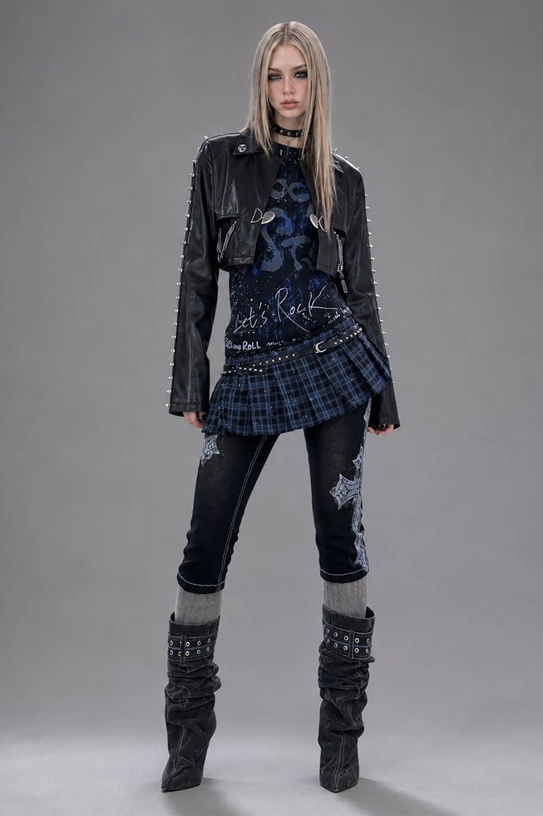 EMOHA Plaid Spliced Graphic Sleeveless Dress