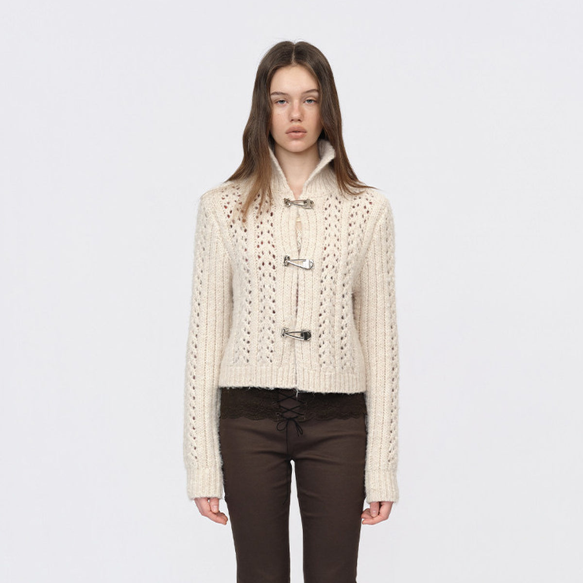 DOTYEARS Two-Tone Open-Knit Mock-Neck Cardigan — square · front · Off White
