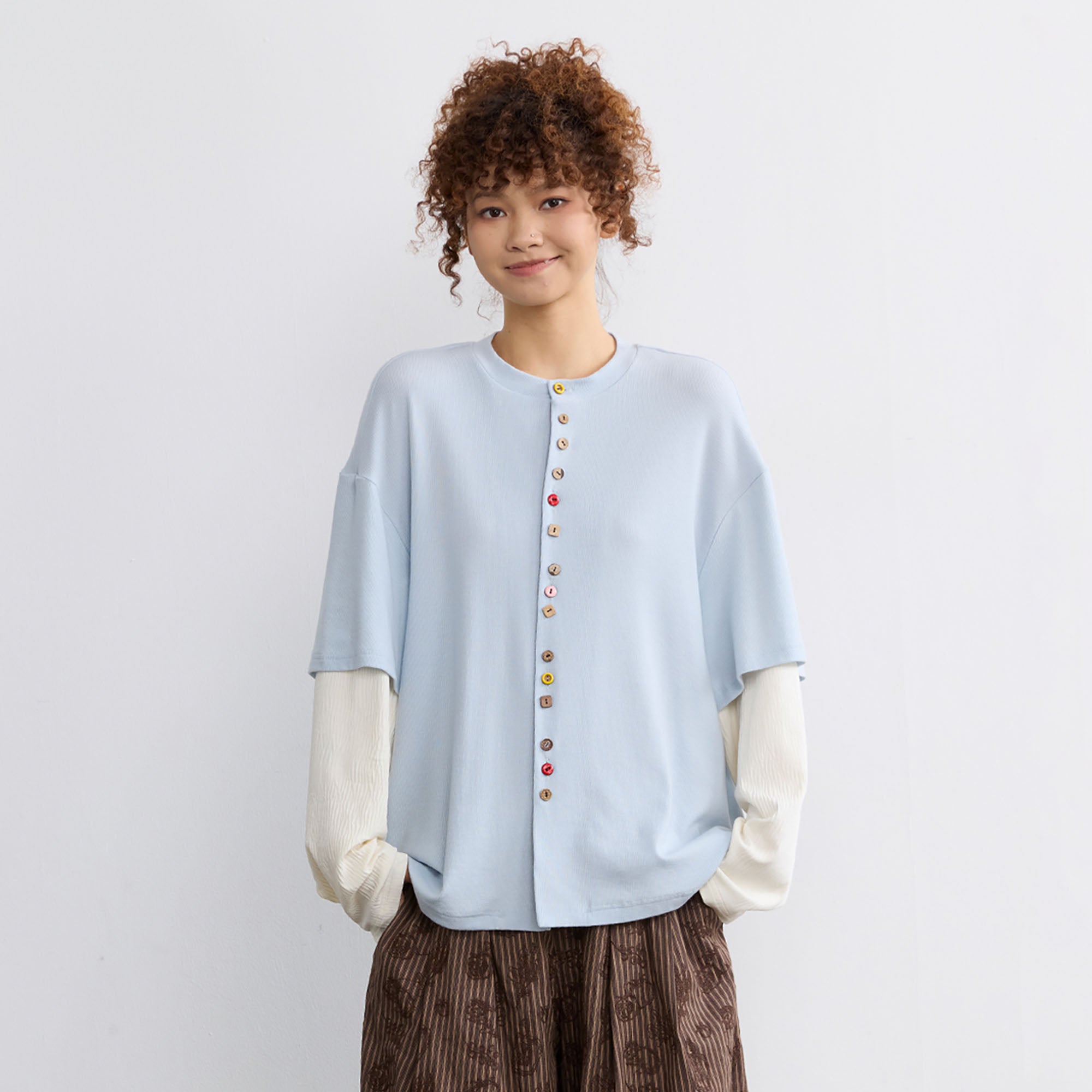 NOESE Layered Mixed-Button Long-Sleeve Tee