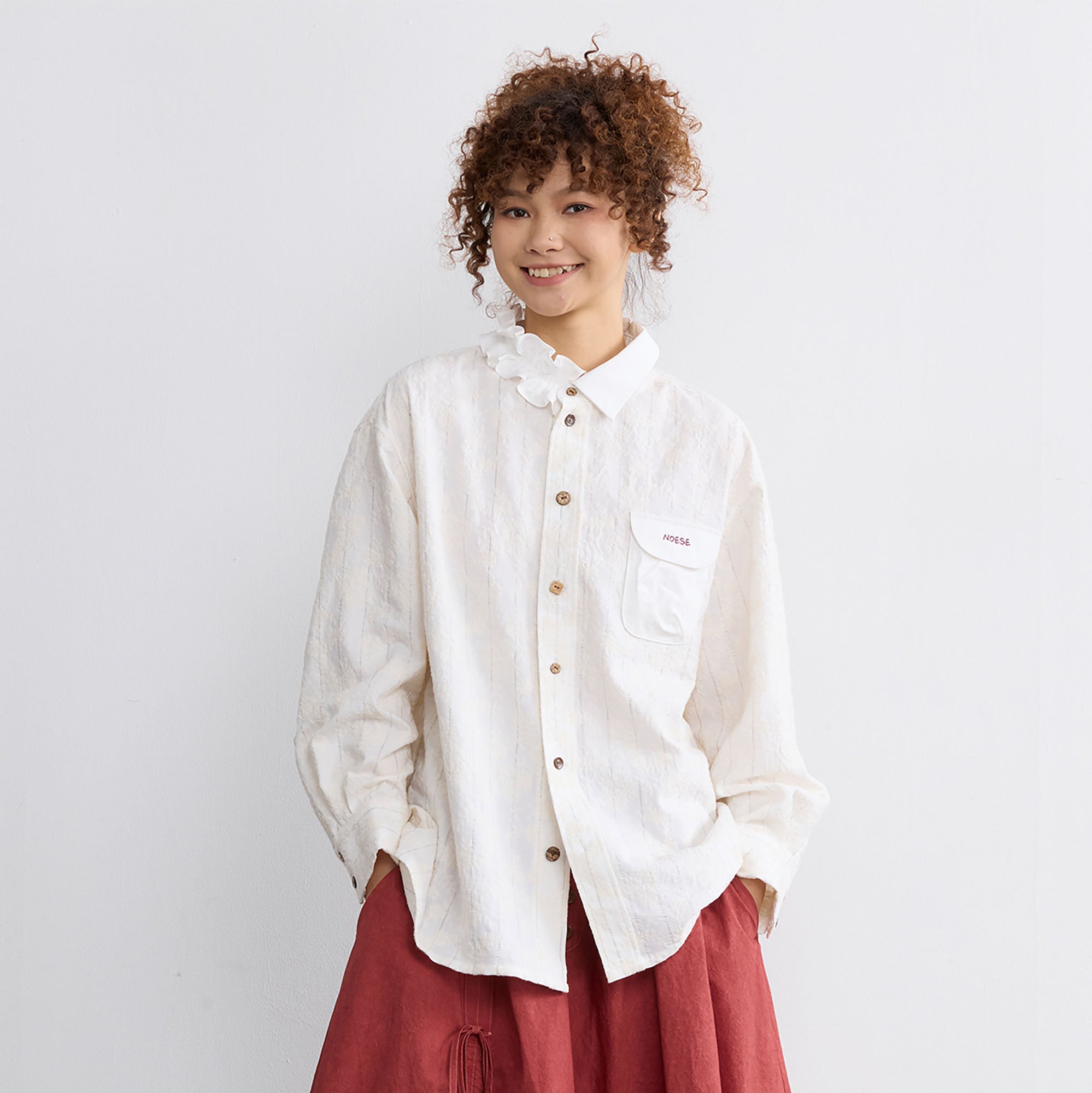 NOESE Asymmetrical Ruffle Collar Embroidered Shirt