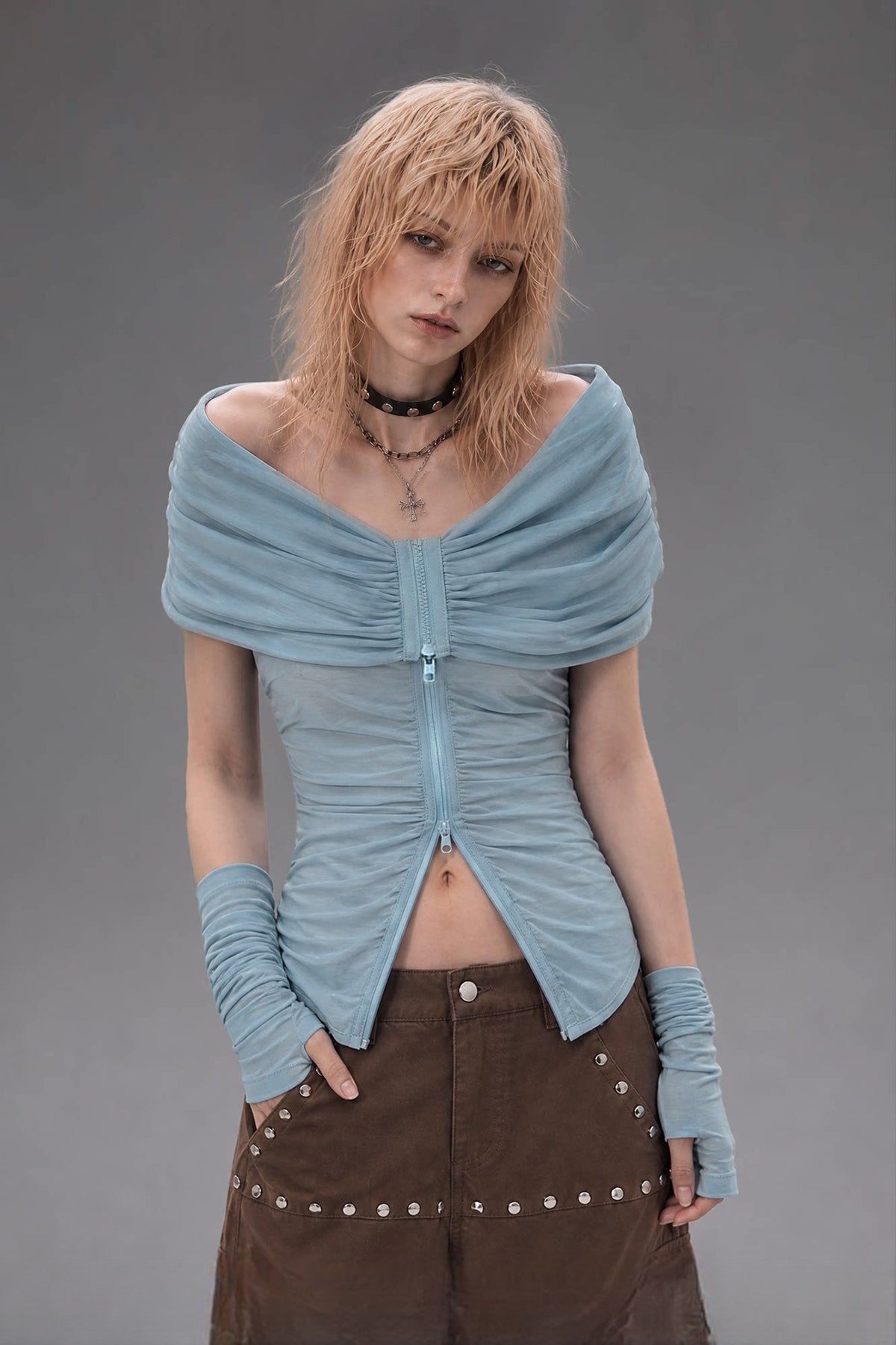 EMOHA Off-Shoulder Pleated Cinched-Waist Long-Sleeve Tee