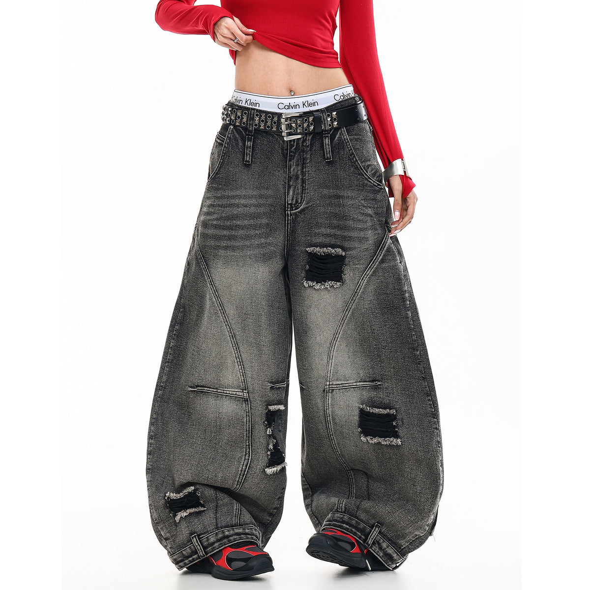 FREE CENTER Distressed Washed Curve Wide-Leg Jeans