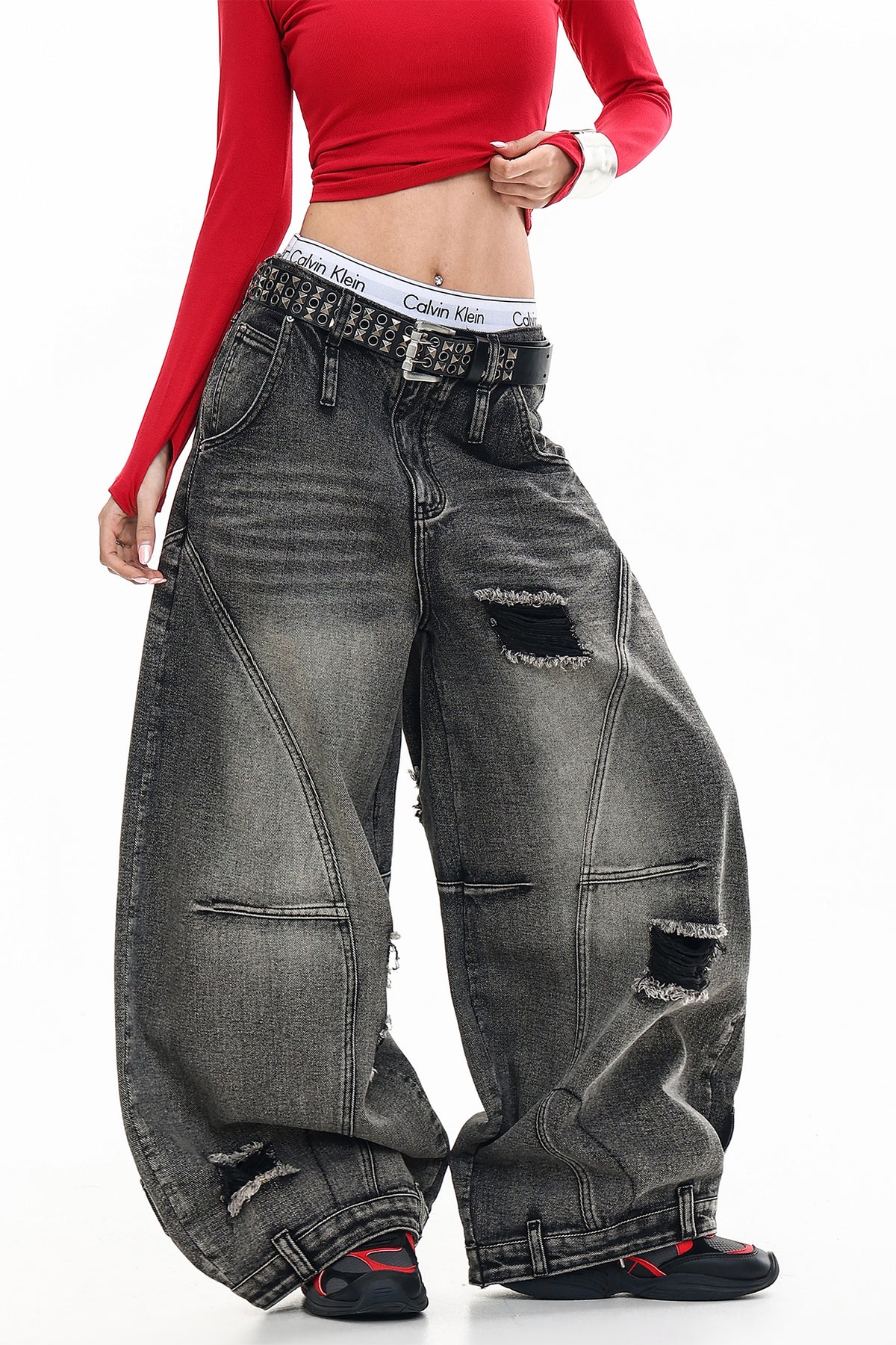 FREE CENTER Distressed Washed Curve Wide-Leg Jeans