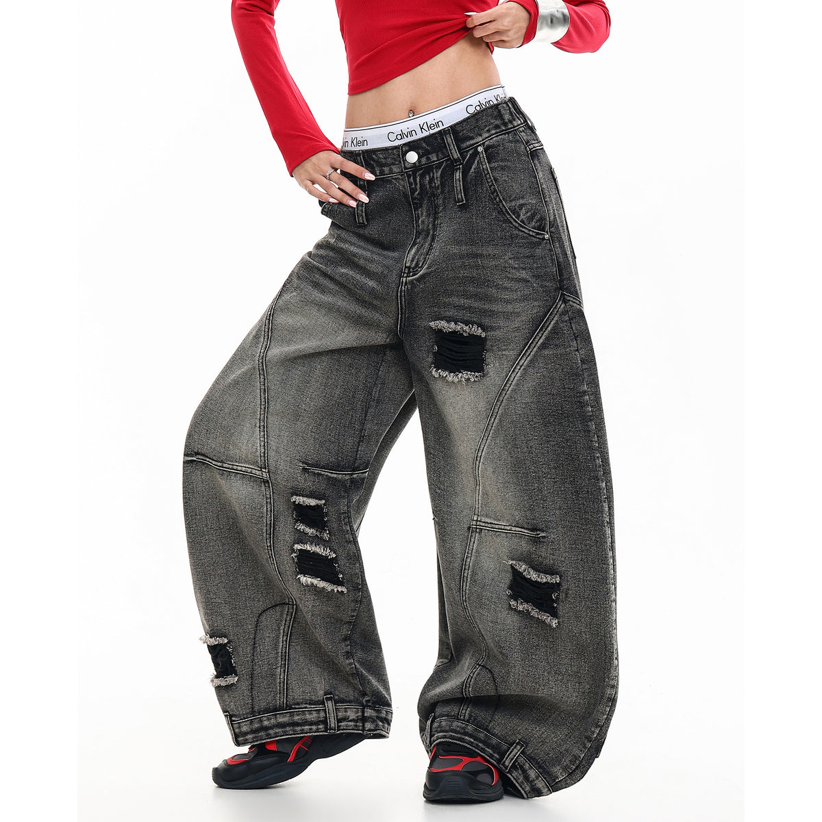 FREE CENTER Distressed Washed Curve Wide-Leg Jeans