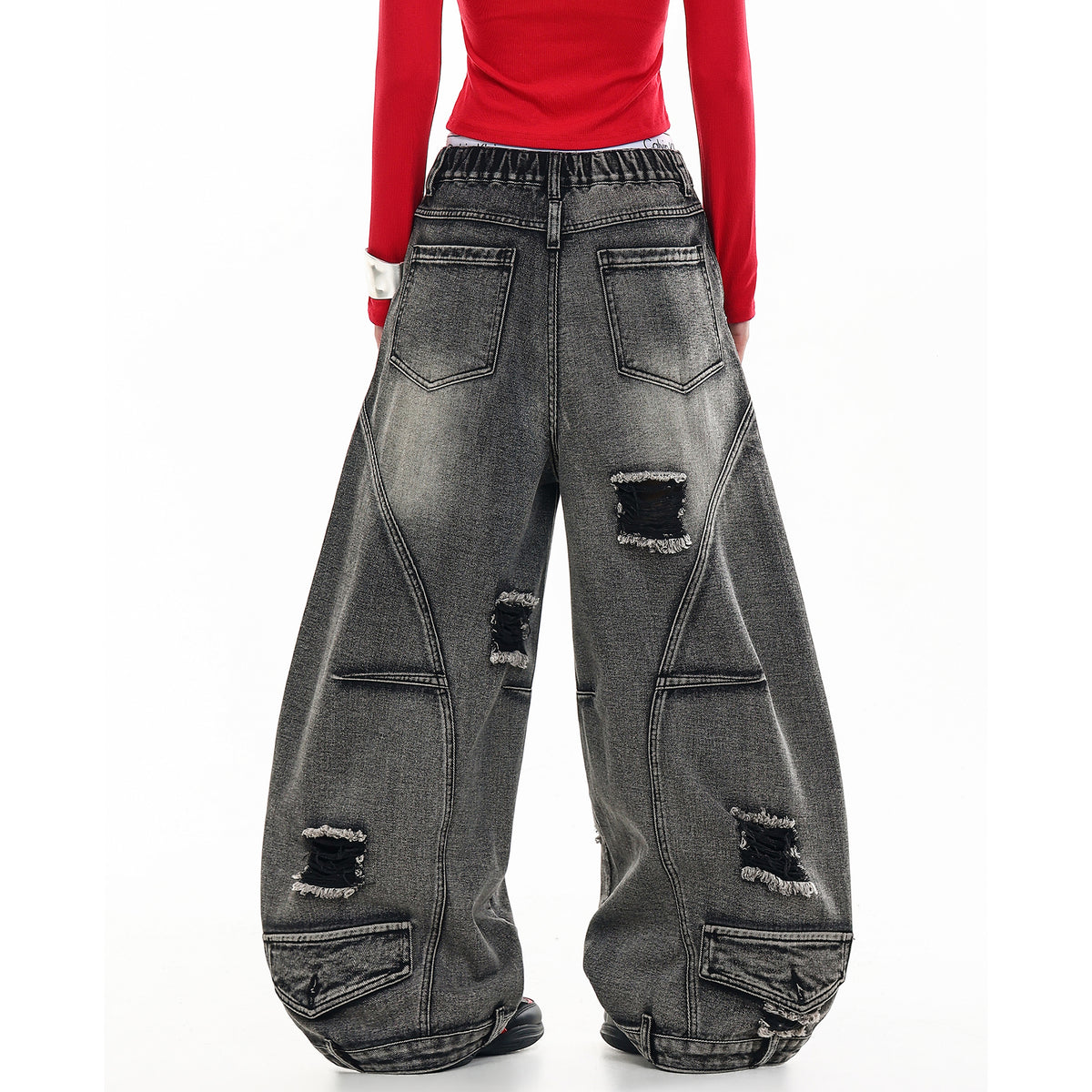 FREE CENTER Distressed Washed Curve Wide-Leg Jeans