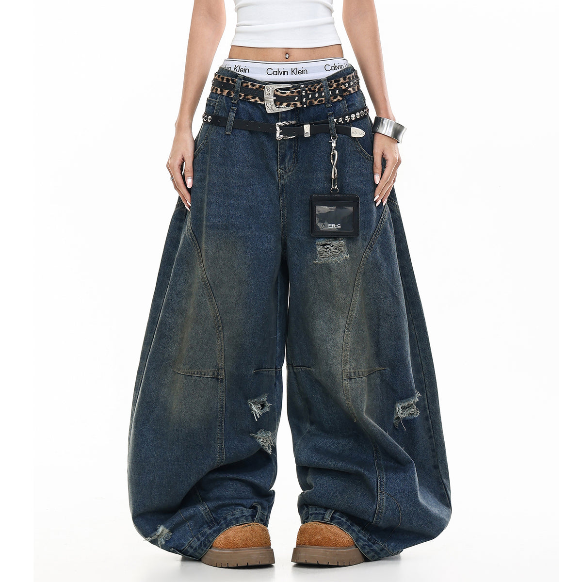 FREE CENTER Distressed Washed Curve Wide-Leg Jeans